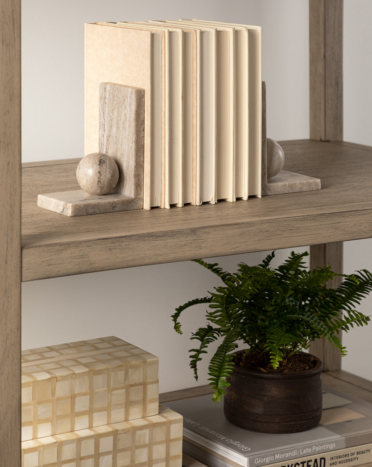 A close-up of a wooden shelf showcases upright books held by Adar Marble Bookends (Set of 2), a potted fern, stacked decorative boxes, and neatly arranged art books below.