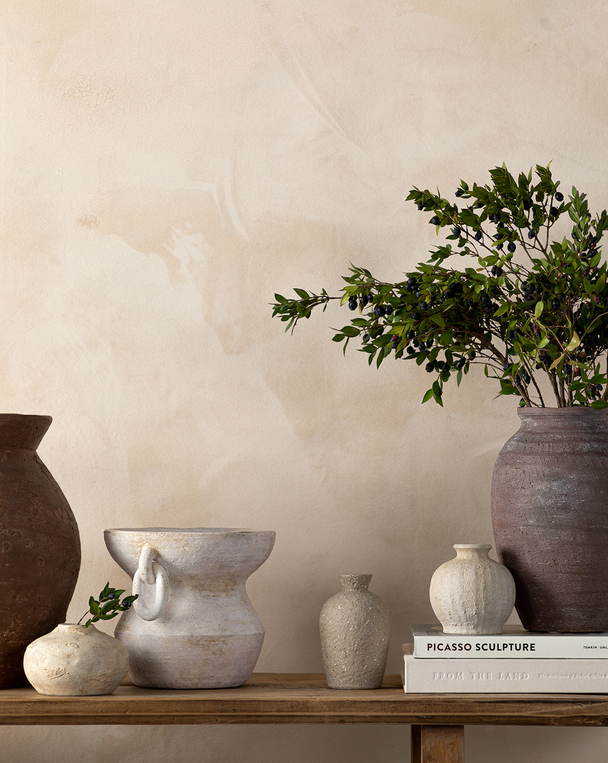 A wooden shelf holds the Arnette Terracotta Vase—handmade ceramic, filled with green leafy branches—beside two stacked books, PICASSO SCULPTURE and FROM THE LAND, all set against a beige wall.