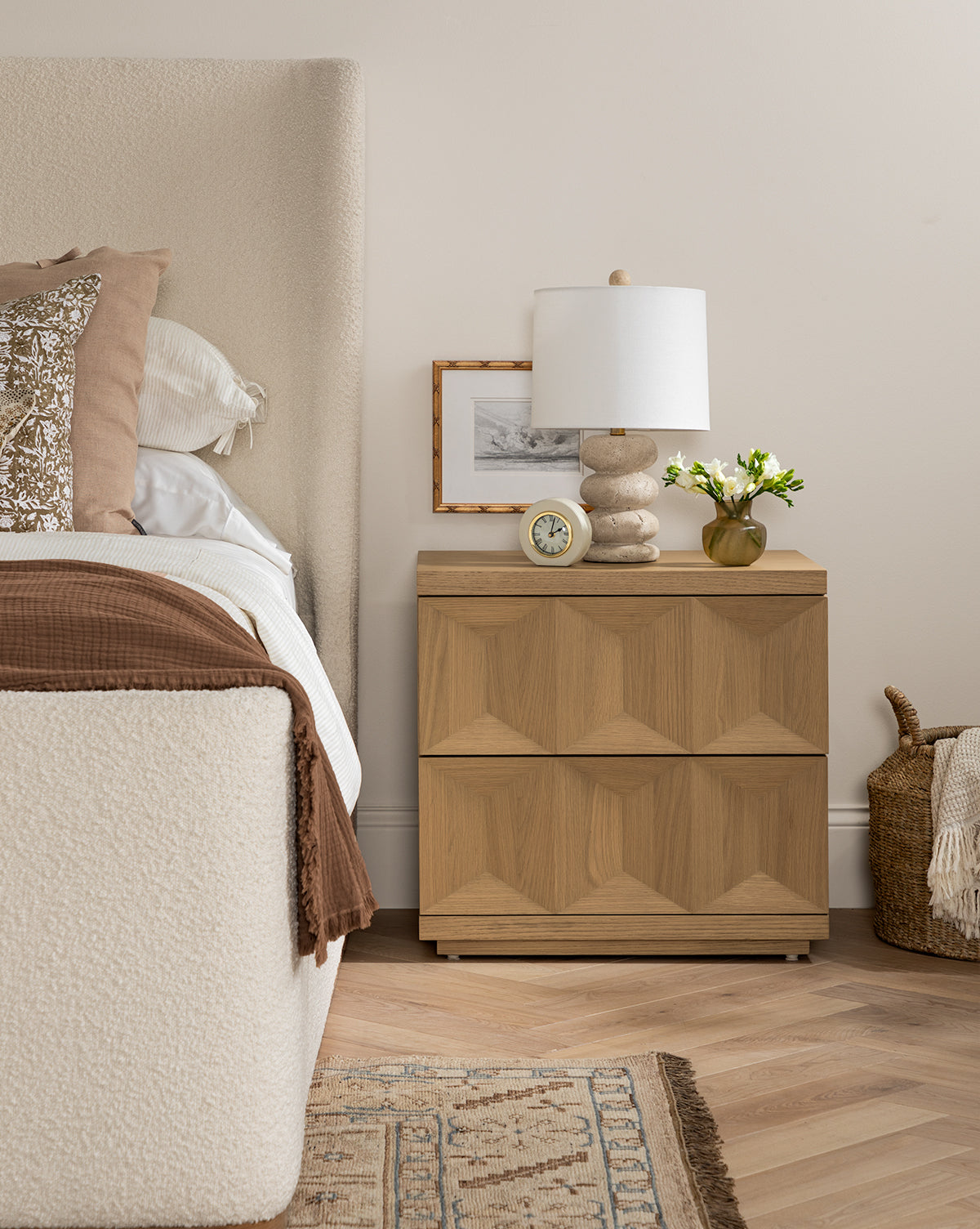 The Ethereal Clouds nightstand, featuring a gold-finished wood frame, sits by the bed and adds timeless vintage-inspired charm to your bedroom.