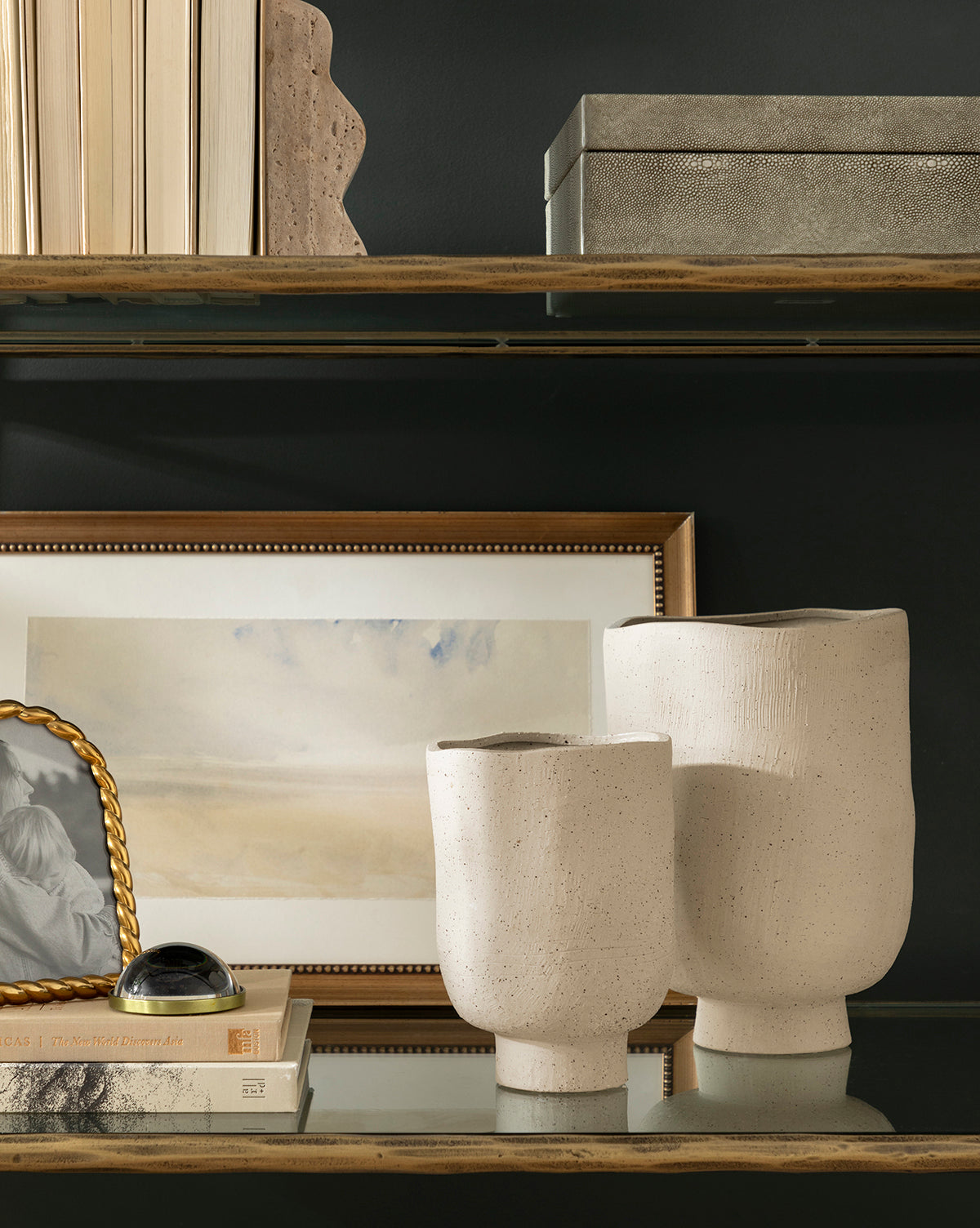 Gray Speckled Planter in artisan ceramic finish, styled on bookshelves from McGee & Co.