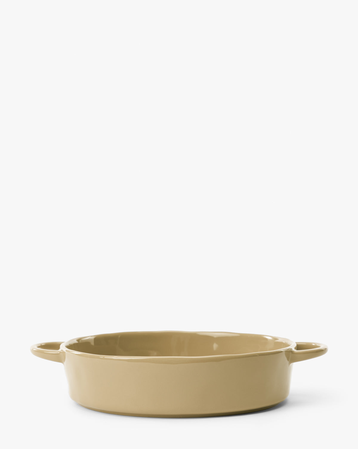 The 2 Quart Stoneware Baker (Set of 2) features a beige, round design with side handles, shown against a plain white background by McGee & Co.