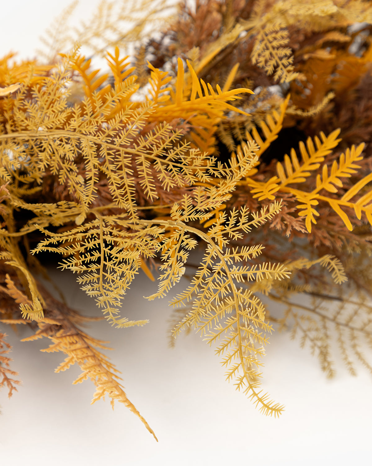 Close-up of delicate yellow and brown dried fern leaves on a white background, echoing the fine textures of a 30 Faux Golden Fern Wreath—an elegant piece ideal for enhancing your entryway decor, by McGee & Co.