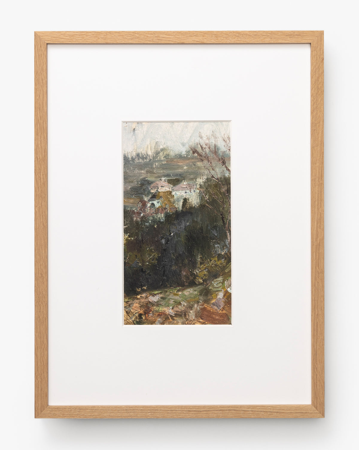 A River Runs Through is a framed abstract landscape painting featuring trees and buildings in earthy tones, displayed as wall art with a light wooden frame and a wide white mat, by McGee & Co.