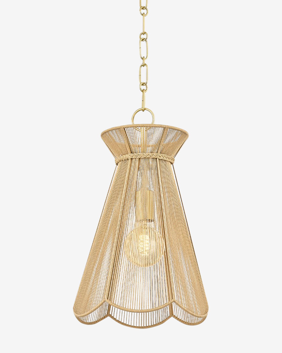 The Aaliyah Pendant showcases a gold scalloped wire shade with visible bulb, suspended from a gold chain. Its floral-inspired design brings elegance to any room, beautifully standing out against a plain white background, by McGee & Co.
