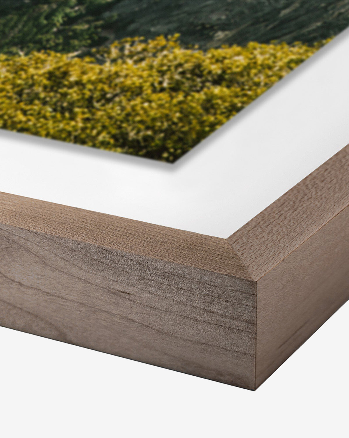 Close-up of the corner of Above The Clouds by Wesley and Emma Teague in a gallery-quality walnut-finished frame with white mat, showcasing greenery and a dark green landscape, by McGee & Co.