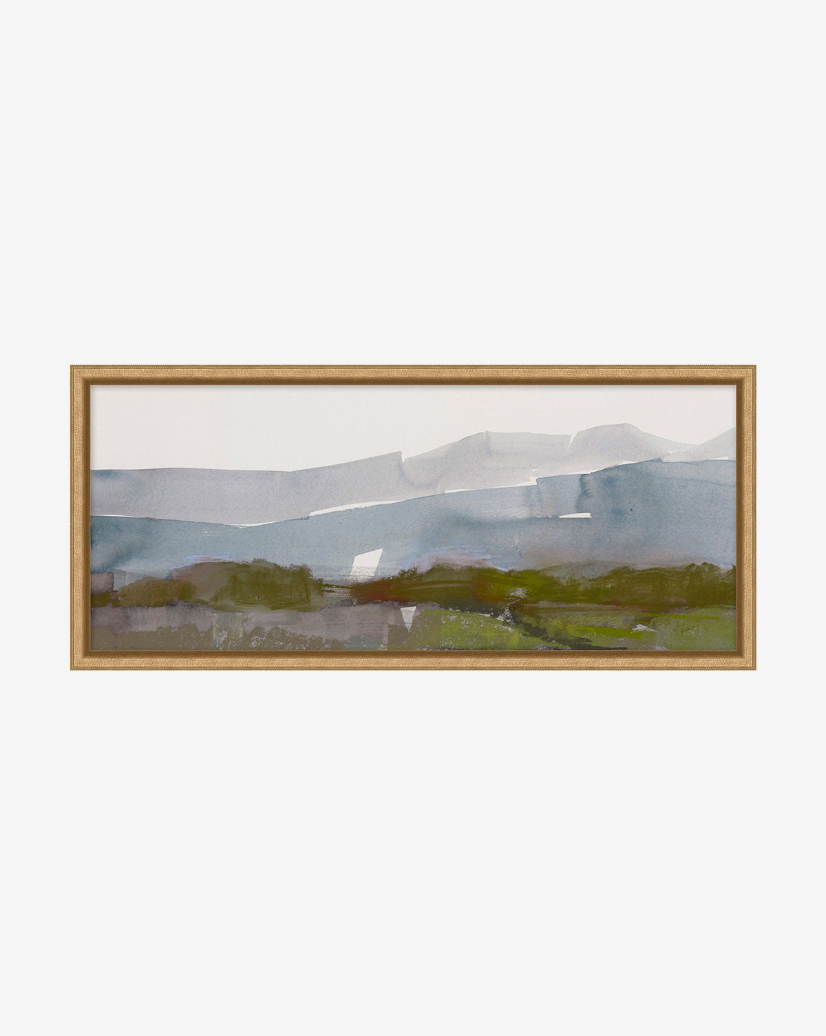 Abstract Landscape 2 is a framed watercolor painting with soft blue and gray mountains in the background and green-brown brushstrokes evoking fields—an elegant example of abstract landscape art.