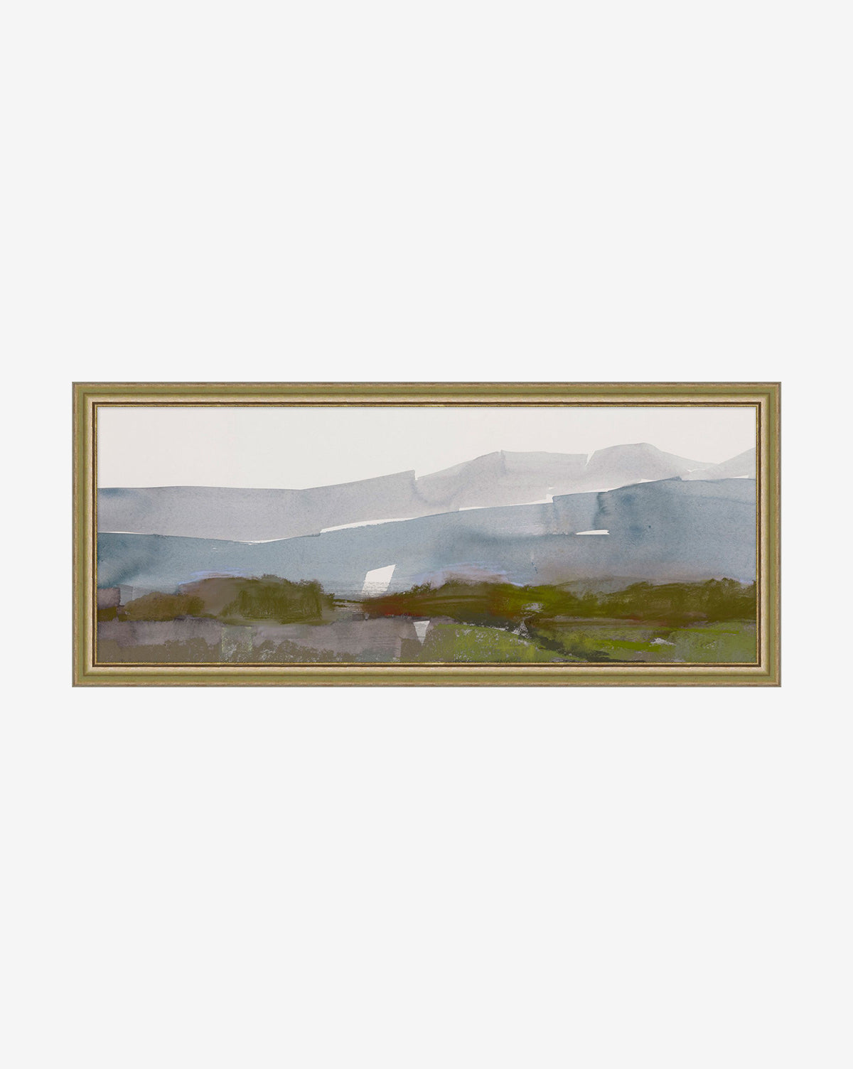 Abstract Landscape 2 is a rectangular framed watercolor painting with abstract blue, green, and brown layers, evoking serene hills and fields beneath a pale sky—an elegant piece of abstract landscape art.