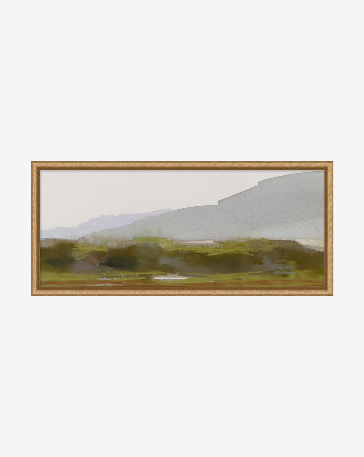 Abstract Landscape 4 is a framed art piece featuring muted green, brown, and gray tones with rolling hills and misty mountains beneath a pale sky, evoking the serene beauty of abstract landscape watercolor painting.