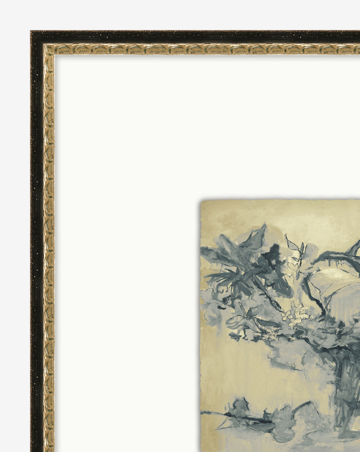 Close-up of the top left corner of Abstracted Votives, an abstract botanical artwork in a decorative frame with a gold inner border. The piece features sketchy floral designs in muted tones—ideal for elegant still life-inspired decor.