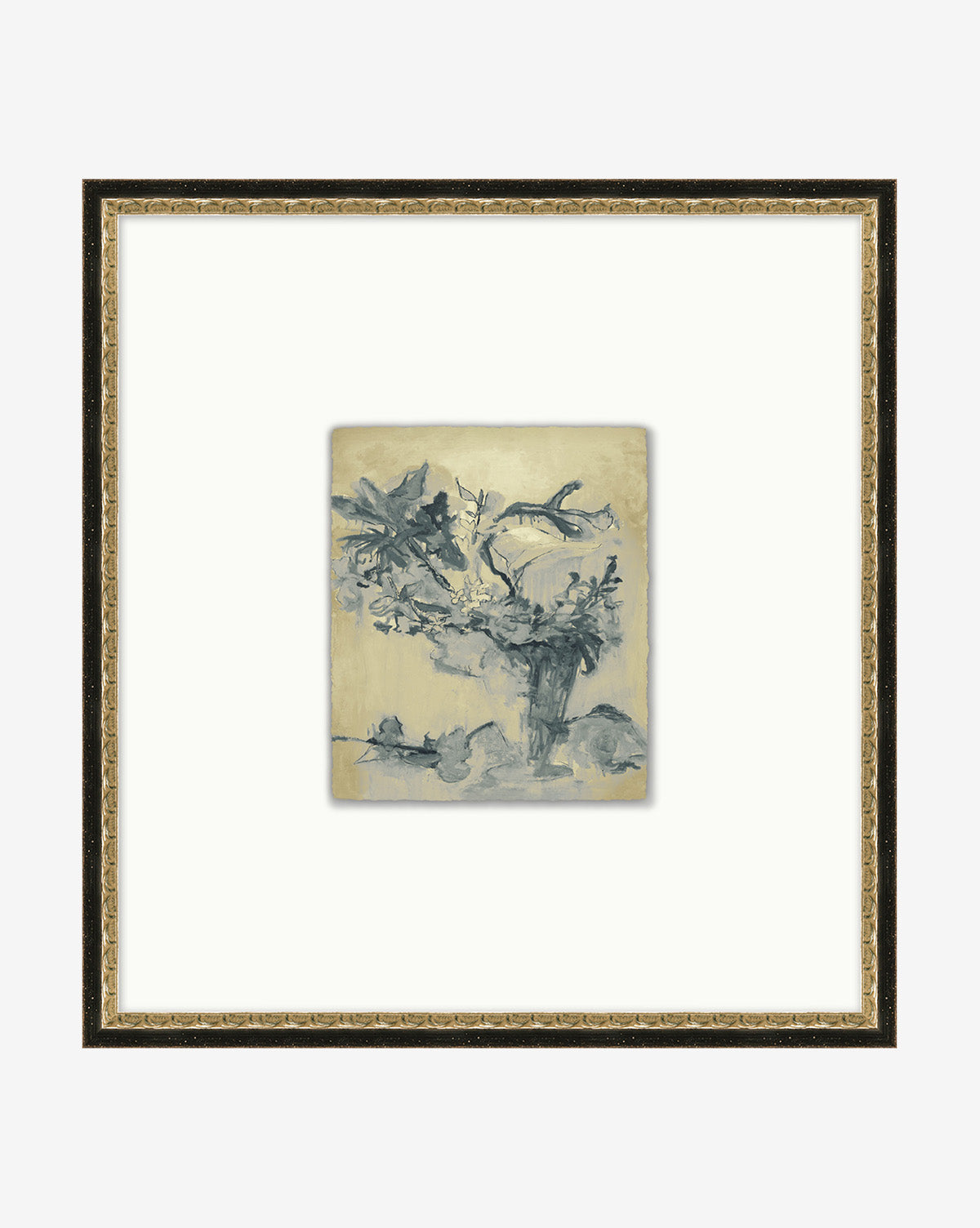 Abstracted Votives is a framed artwork showcasing a monochrome tree sketch with dense foliage on a light background, centered with wide white matting and displayed in a gold-edged decorative frame.