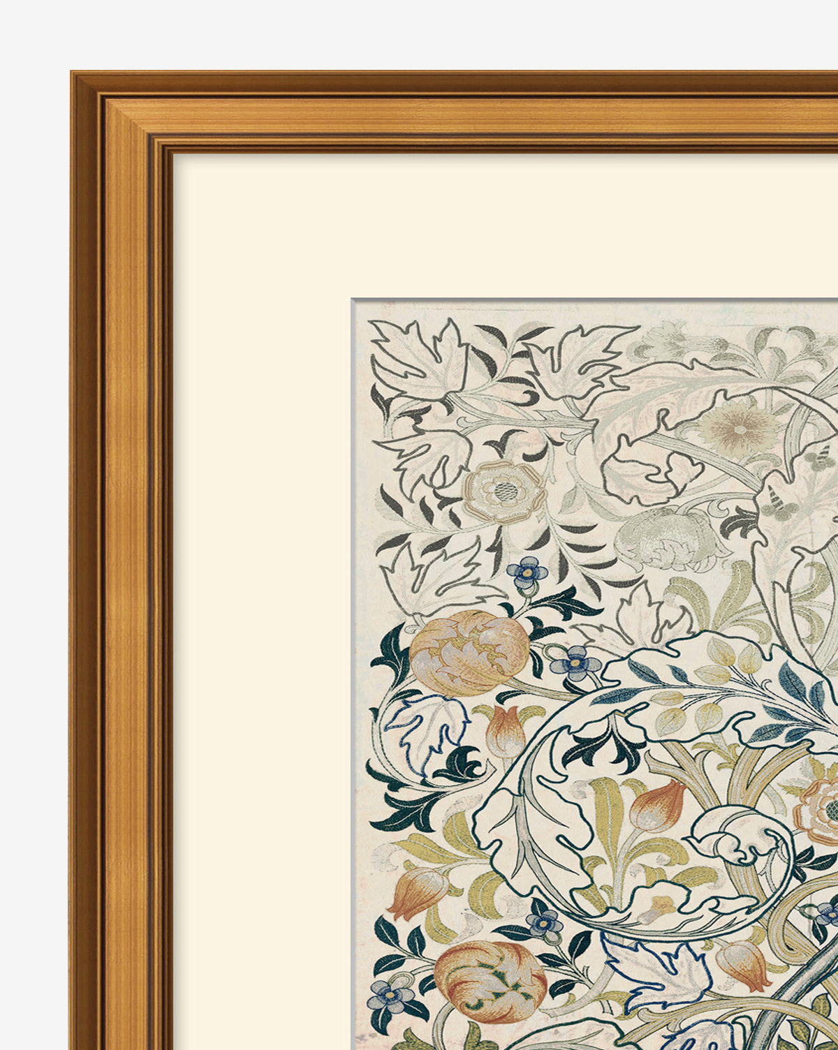 Acanthus PortieÌ€re is a botanical wall art giclée print, showcasing detailed floral and foliage patterns in muted earth tones—greens, yellows, and soft oranges—elegantly framed in antique gold.