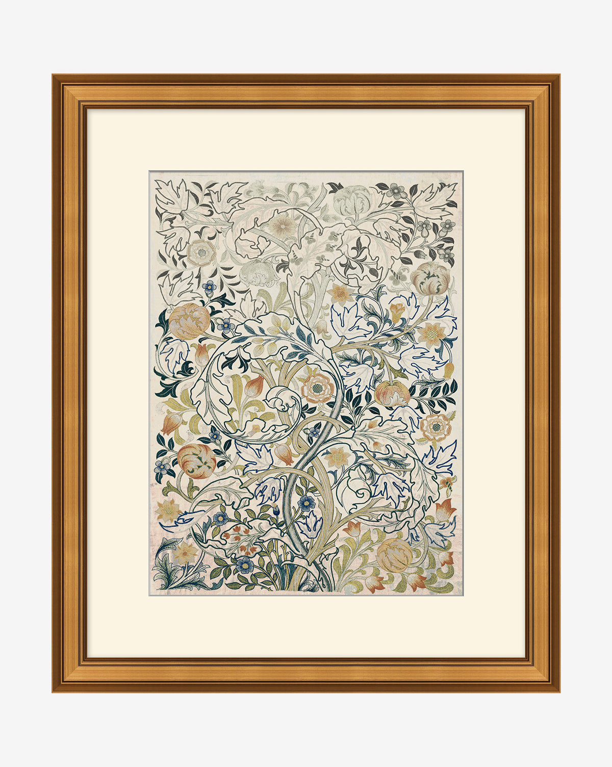 Acanthus PortieÌ€re is a framed botanical wall art showcasing intertwining leaves, vines, and flowers in soft greens, peaches, beige, and blue on a light background—presented as a fine giclée print.
