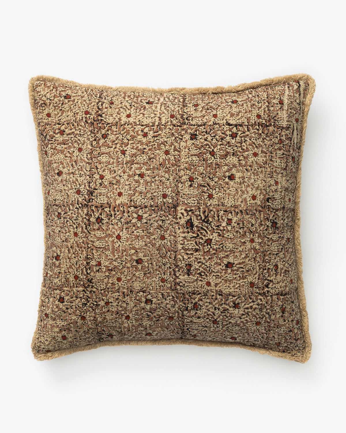 The Adair Pillow is a rectangular throw pillow with a cotton cover in brown and beige, featuring an intricate pattern with red and black accents. It has slightly rounded edges and a soft look, by McGee & Co.