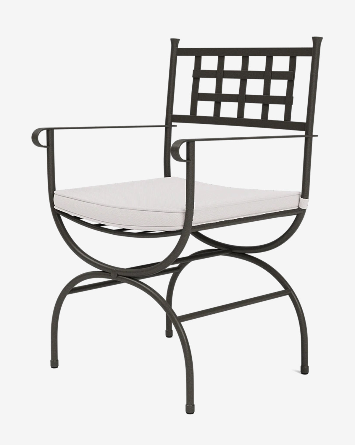 The Addie Outdoor Chair is a black metal patio dining chair with curved legs, armrests, a square-patterned backrest, and a white performance fabric cushion seat, shown against a plain white background by McGee & Co.