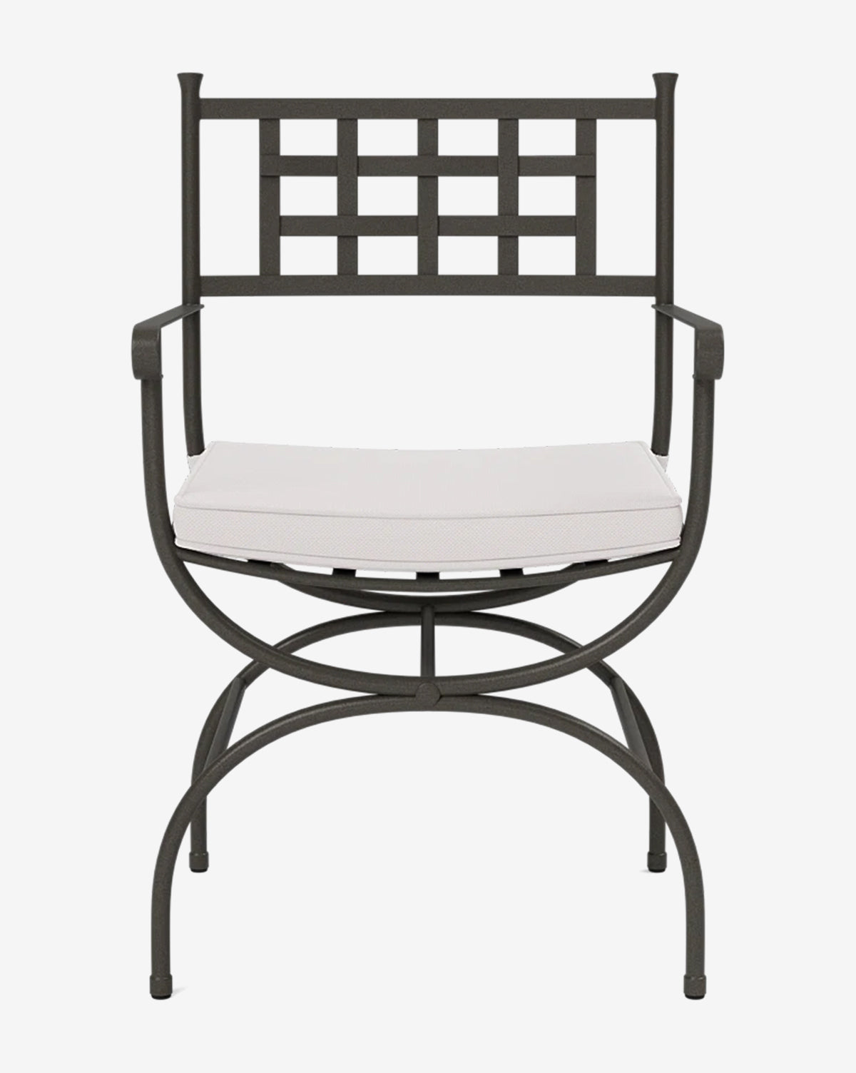 The Addie Outdoor Chair by Made Goods features a black metal frame, square lattice backrest, curved armrests, white performance fabric cushion, and rounded looped legs. Shown against a plain white background. McGee & Co.