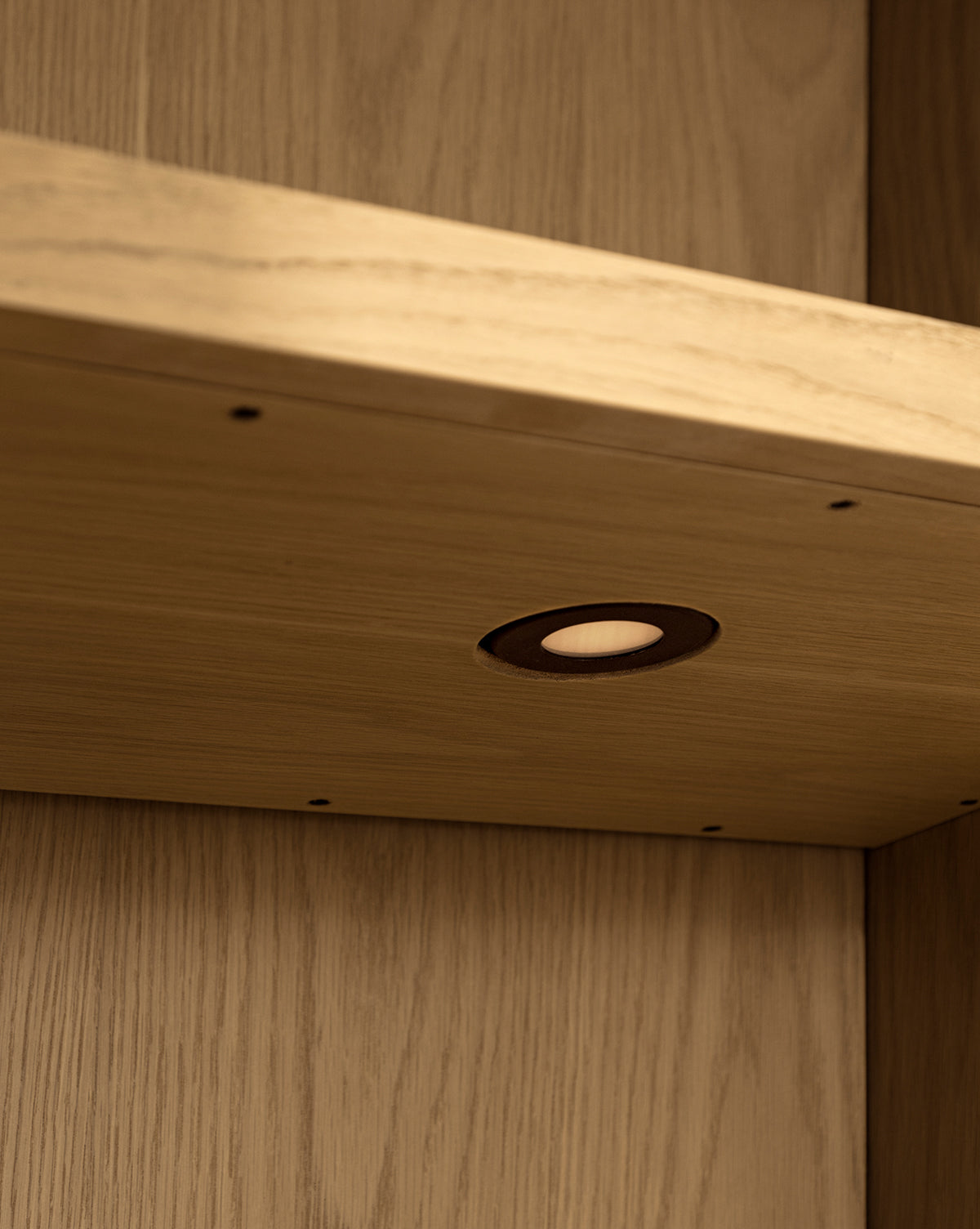 Close-up of the Adler Oak Cabinet shelf with a built-in round recessed light, mounted against a light wood-paneled wall—ideal for enhancing style and storage, by McGee & Co.