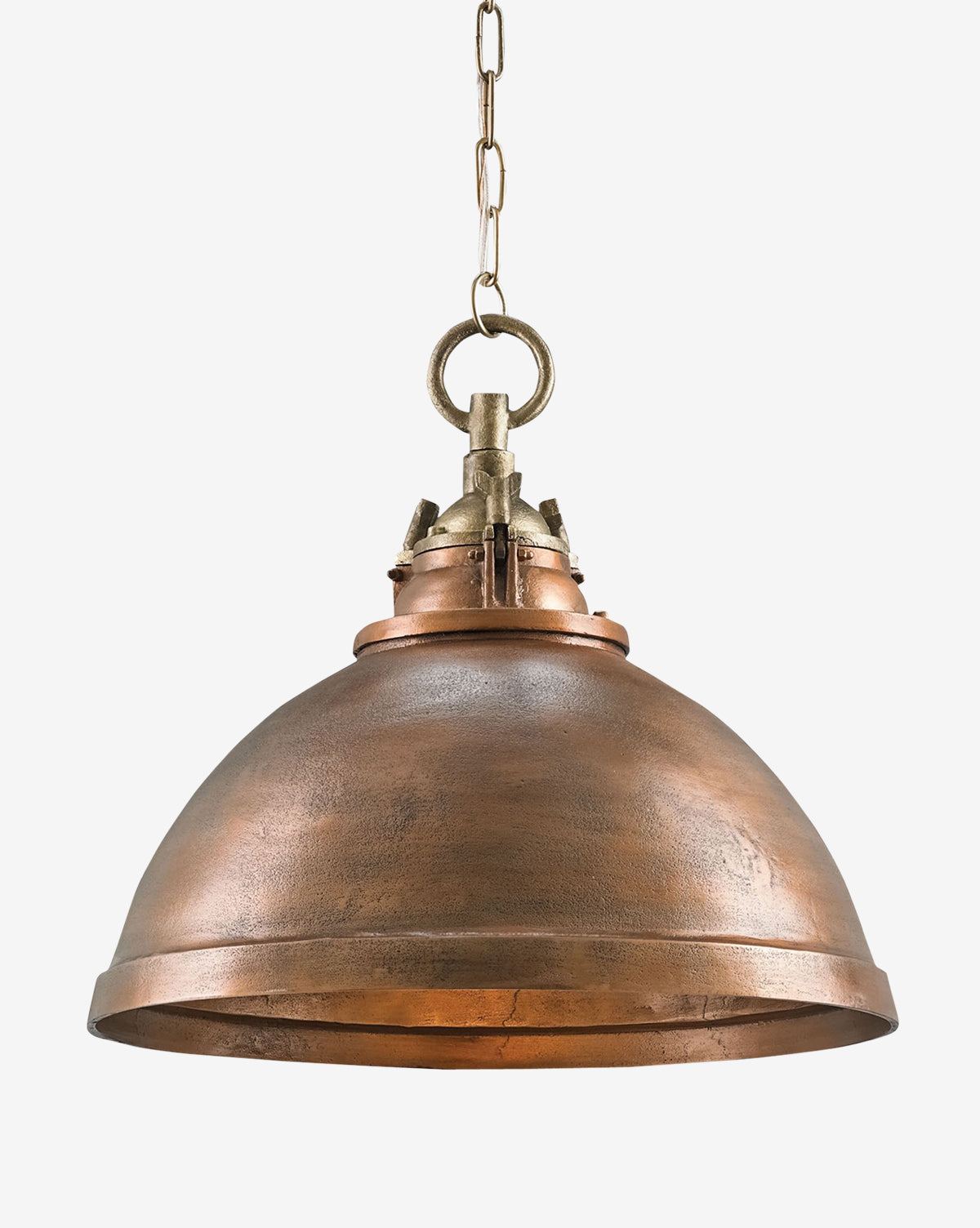 The Admiral Pendant features a dome-shaped, hand-rubbed copper shade with a weathered finish, suspended from a brass chain—a striking rustic light fixture ideal for illuminating kitchen islands, by McGee & Co.