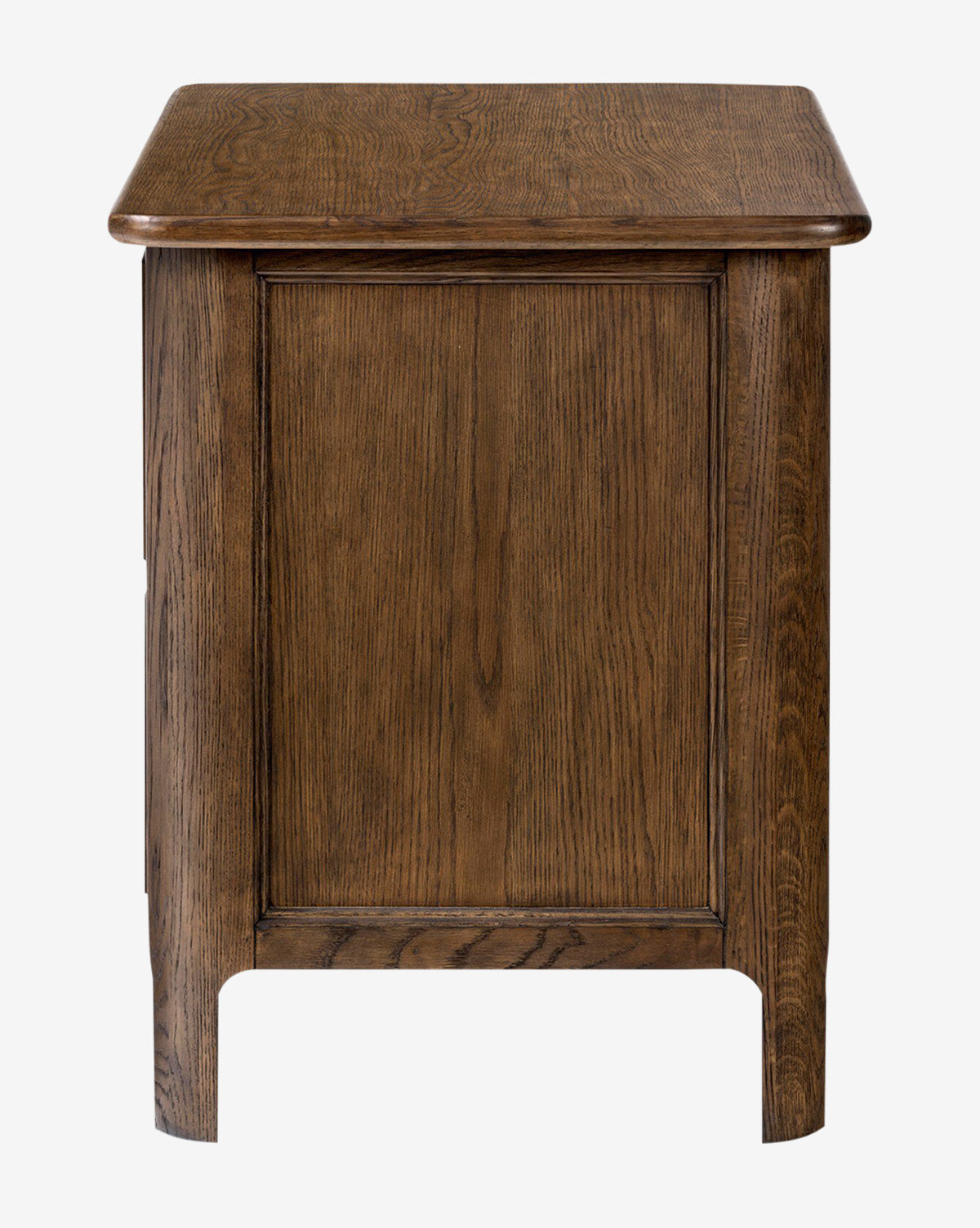 The Aeris Nightstand features a rectangular wooden top, paneled sides, and a medium brown finish with visible wood grain—ideal for bedroom organization, shown against a white backdrop by McGee & Co.
