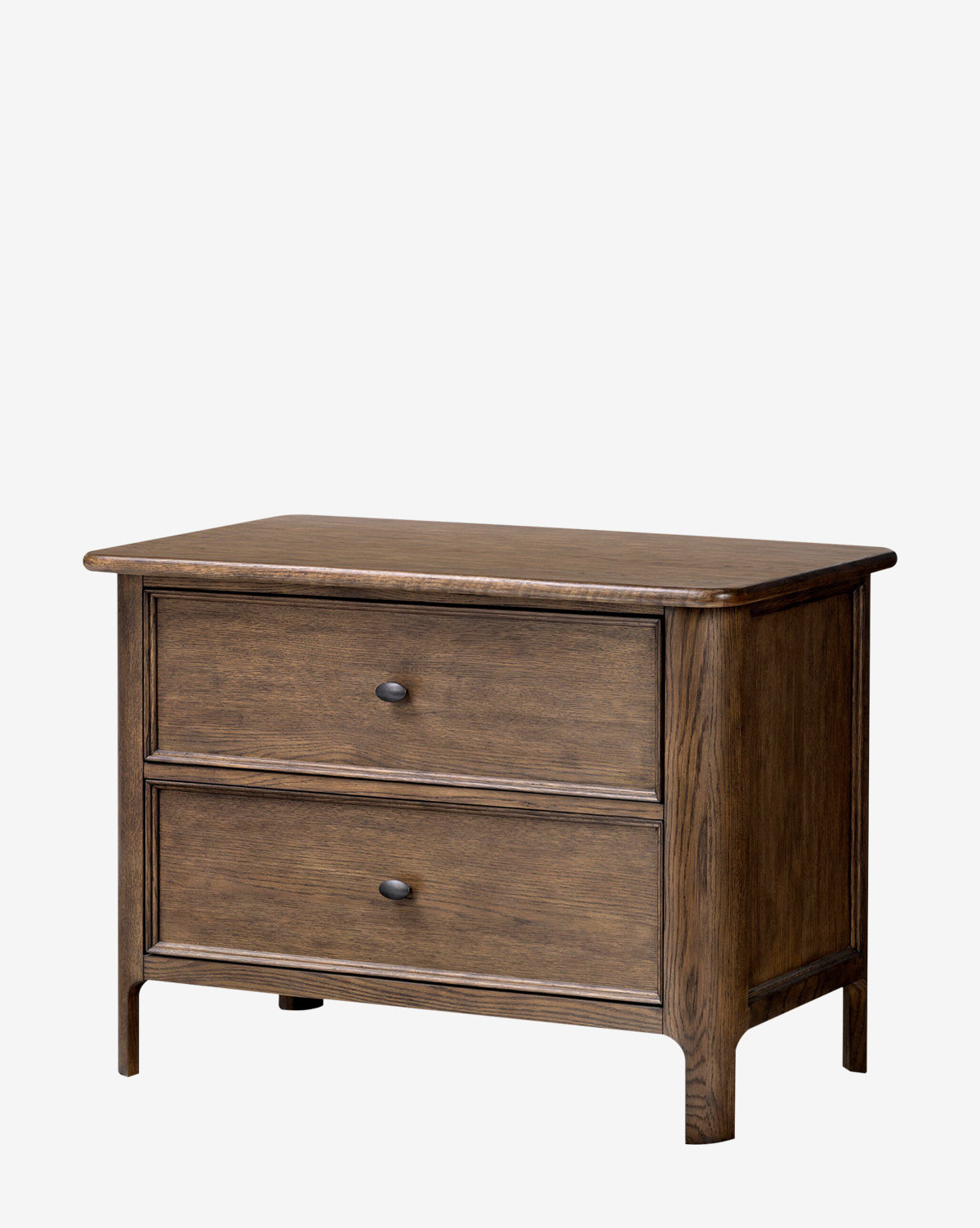 The Aeris Nightstand features two drawers with round metal knobs, a medium brown finish, and classic design. Slightly rounded edges add style, while its spacious storage makes it ideal for bedroom organization by McGee & Co.