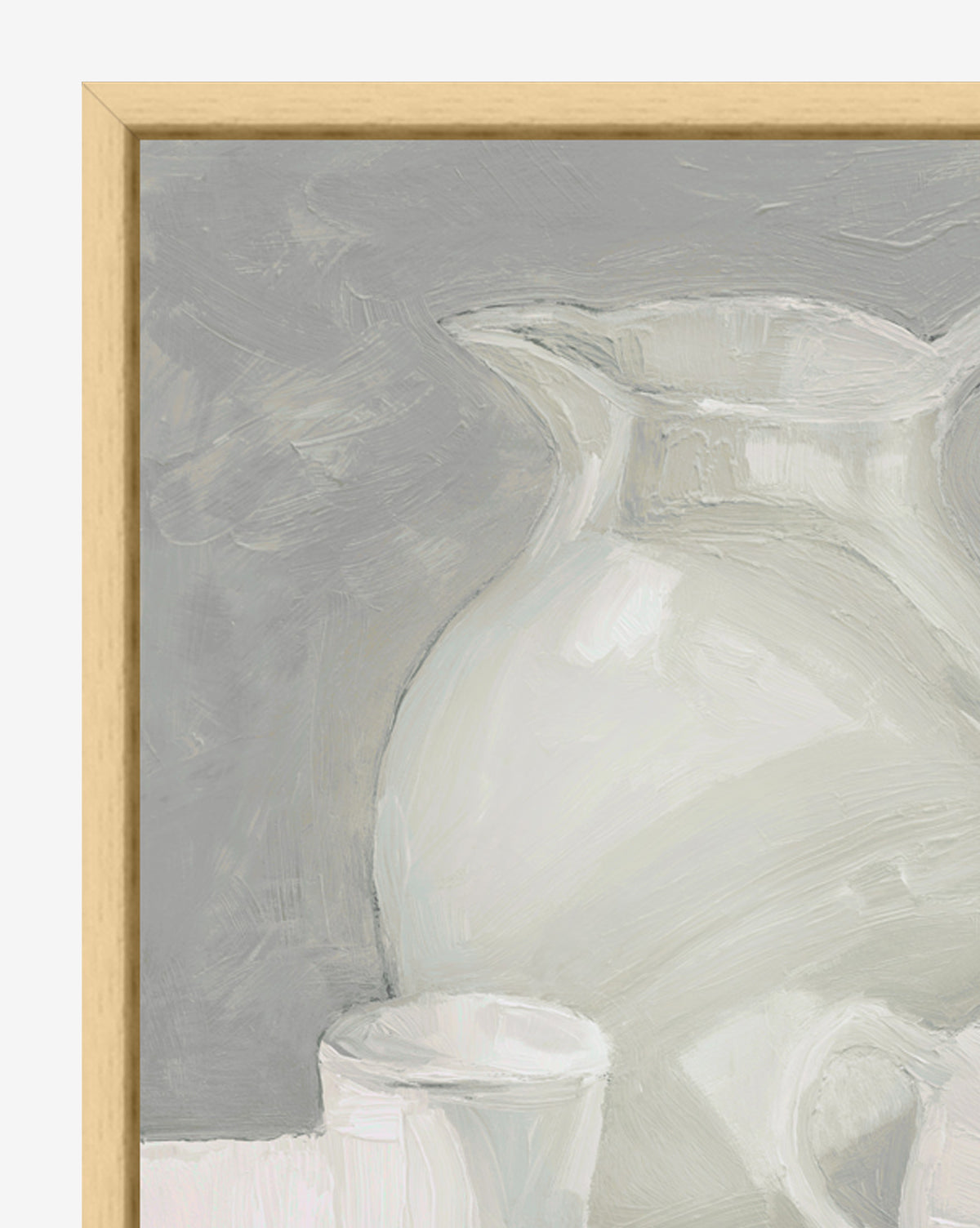 A close-up of Afternoon Earl Gray shows a white jug and cup on gray, painted with thick brushstrokes. This striking art is presented as a gallery-wrapped canvas in a light wooden frame.