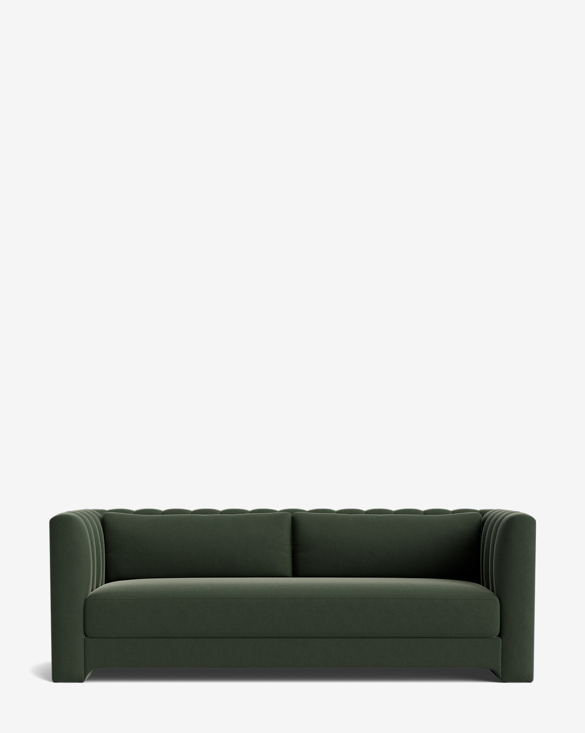 The Agatha Sofa 90, in modern dark green with a boxy shape, vertical tufted sides, and a scalloped backrest, showcases Hollywood regency style against a plain white background by McGee & Co.