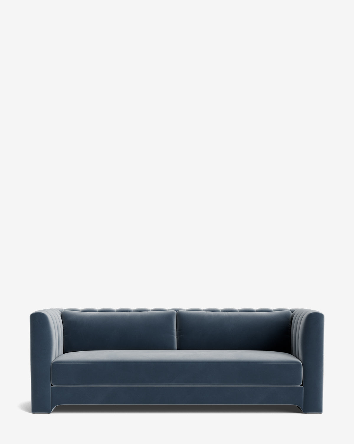 The Agatha Sofa 90, blue velvet with a tufted backrest and rounded arms, brings modern Hollywood regency style to any space against a clean white background, by McGee & Co.