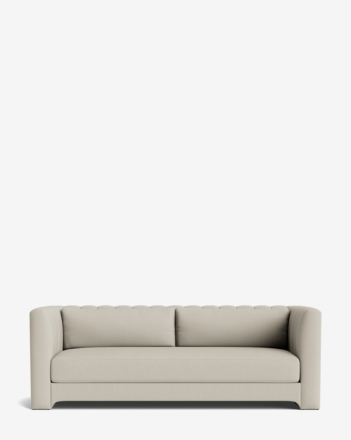 The Agatha Sofa 90 features a modern, light beige design with straight arms, tufted backrest, and two back cushions. Handcrafted with a boxy silhouette inspired by Hollywood regency style, it complements any space with minimalist elegance by McGee & Co.