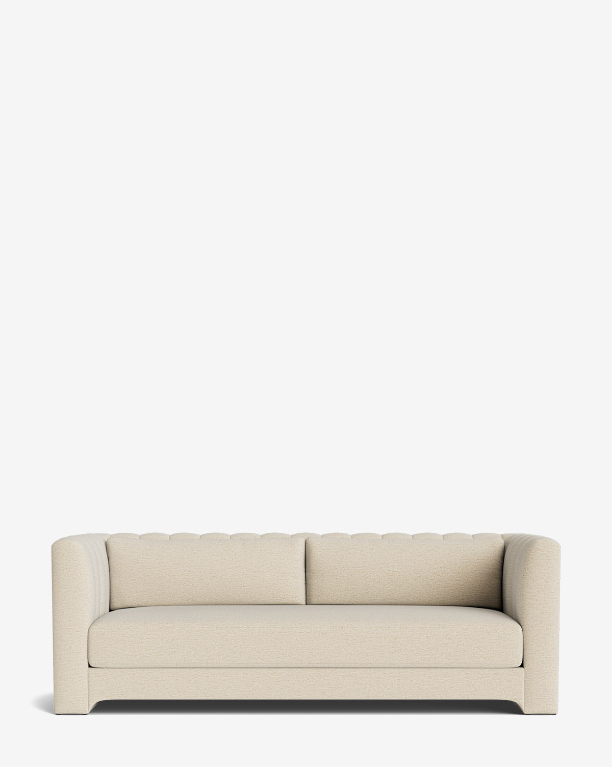 The Agatha Sofa 90 features a modern design in light beige with rounded arms and a tufted backrest, exuding timeless elegance against a plain white background, by McGee & Co.