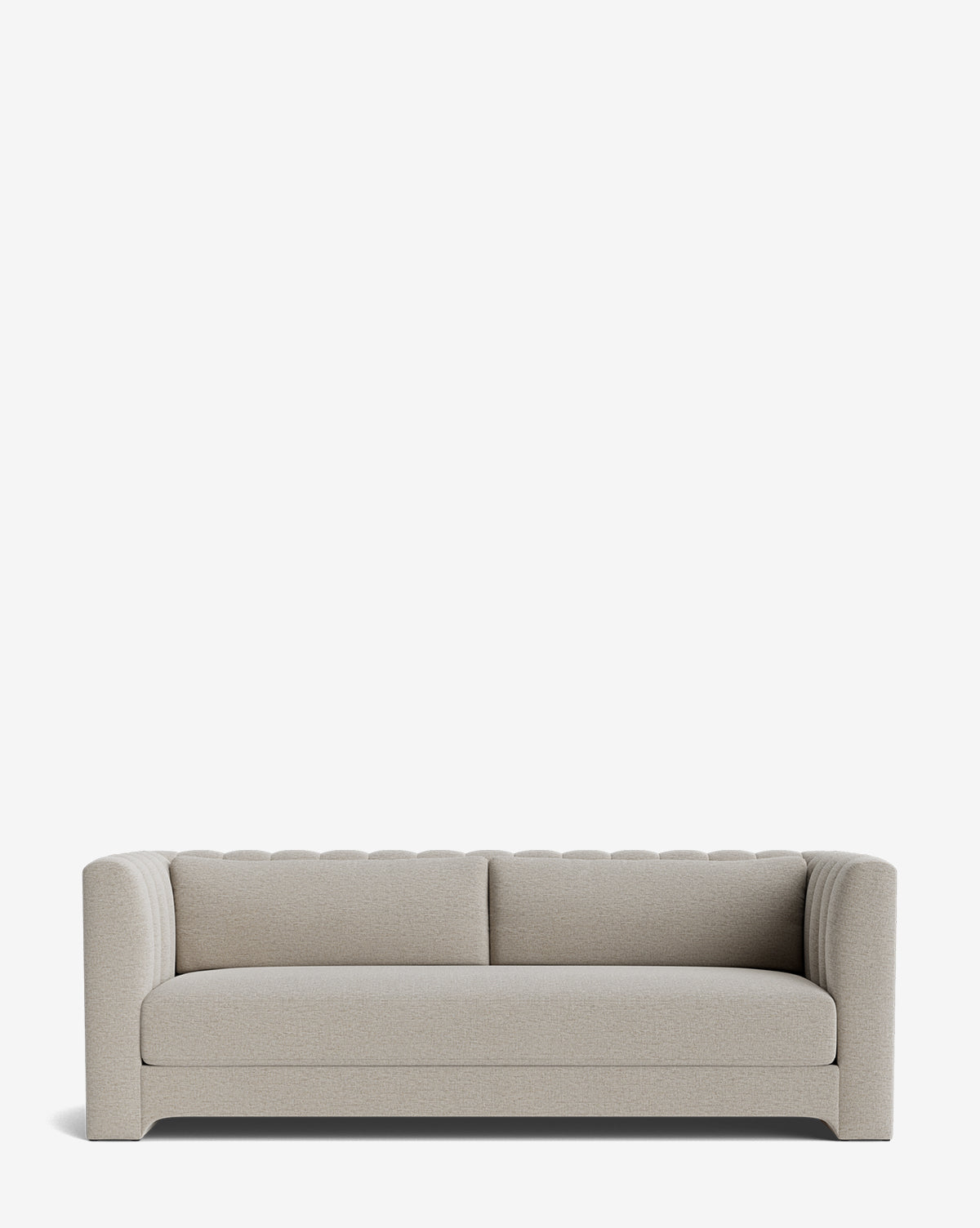 The Agatha Sofa 90 is a modern, light beige sofa with rounded arms and backrest, handcrafted in a minimalist design. Set against a plain white background, it comfortably seats two to three people by McGee & Co.