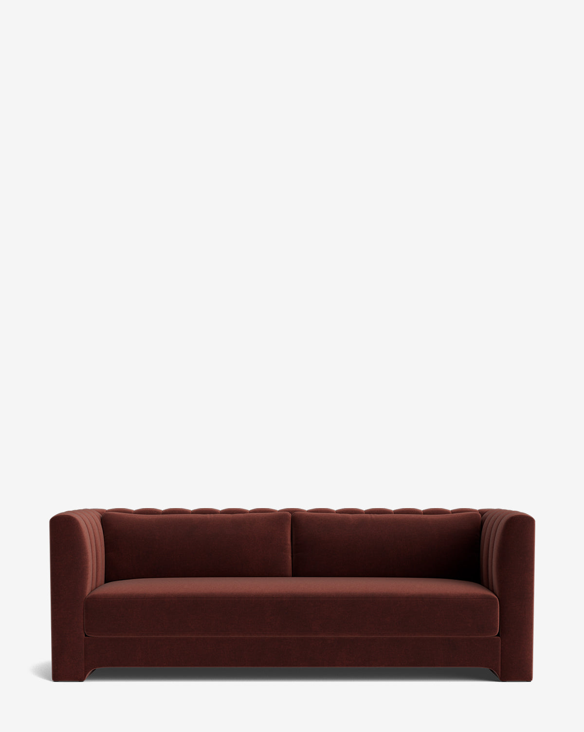 The Agatha Sofa 90 features dark red velvet upholstery, straight arms, and a scalloped backrest in a Hollywood regency style, expertly handcrafted and set against a plain white background by McGee & Co.