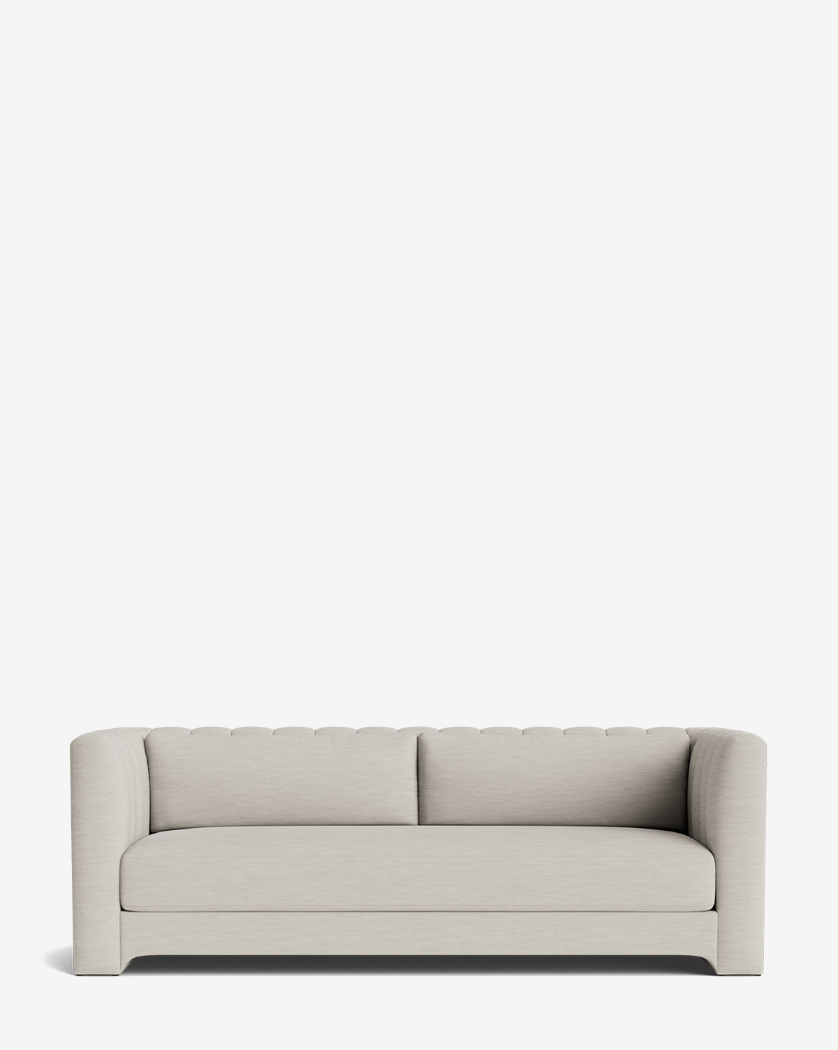 The Agatha Sofa 90 is a modern, light gray piece with rounded arms, two seat cushions, and a slightly curved backrest. Handcrafted for elegance and comfort, its minimalist design stands out against a plain white background, by McGee & Co.