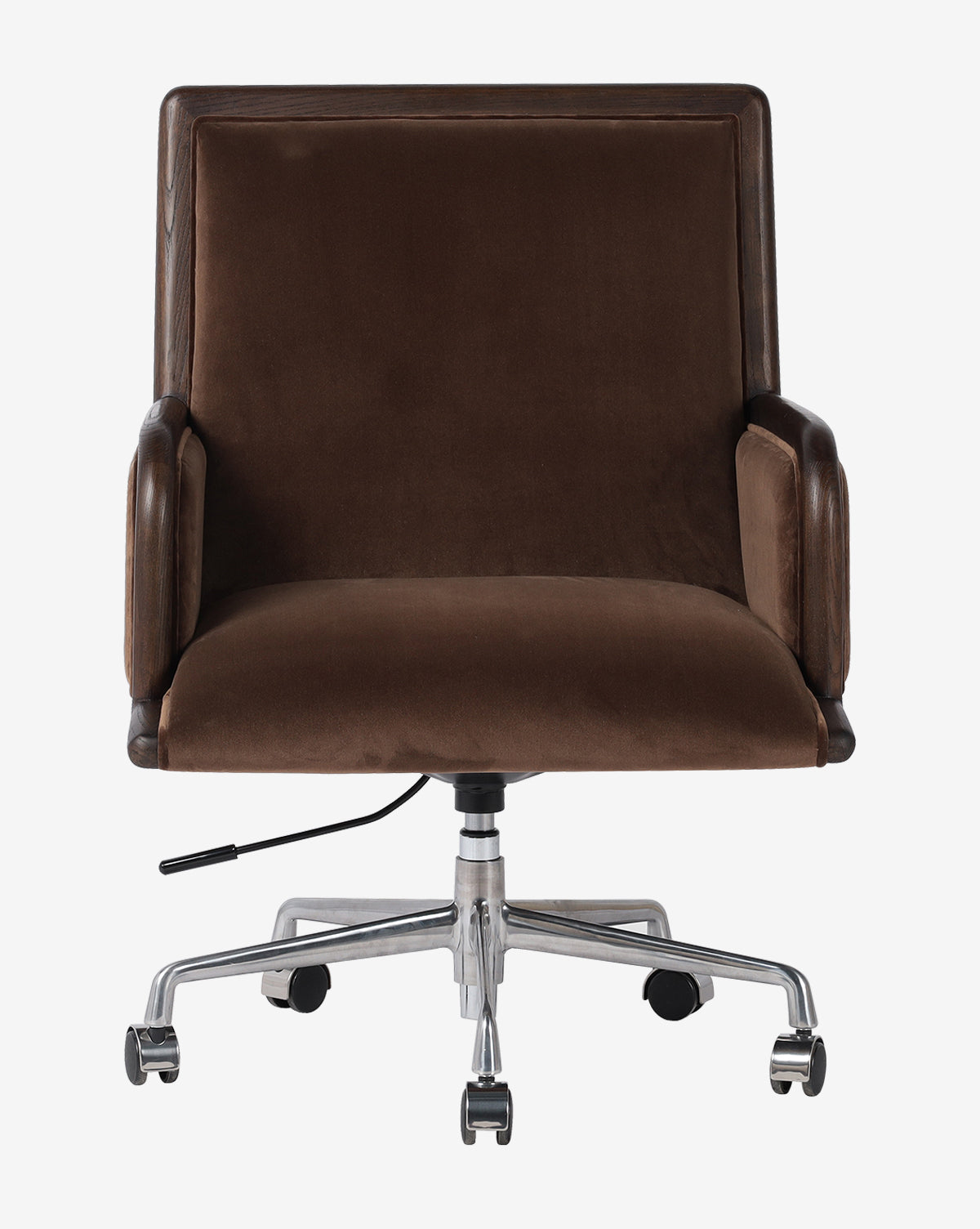 The Four Hands Ailish Desk Chair is a brown velvet upholstered office chair with wooden armrests, chrome base, five caster wheels, and adjustable height lever, shown from the front against a white background, McGee & Co.