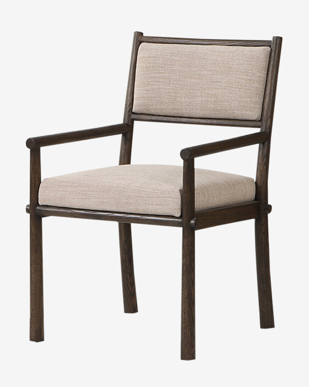 The Ailsa Dining Chair is a modern wooden armchair with a dark frame, light beige upholstered cushions on the seat and backrest, four straight legs, and flat armrests for contemporary style by McGee & Co.