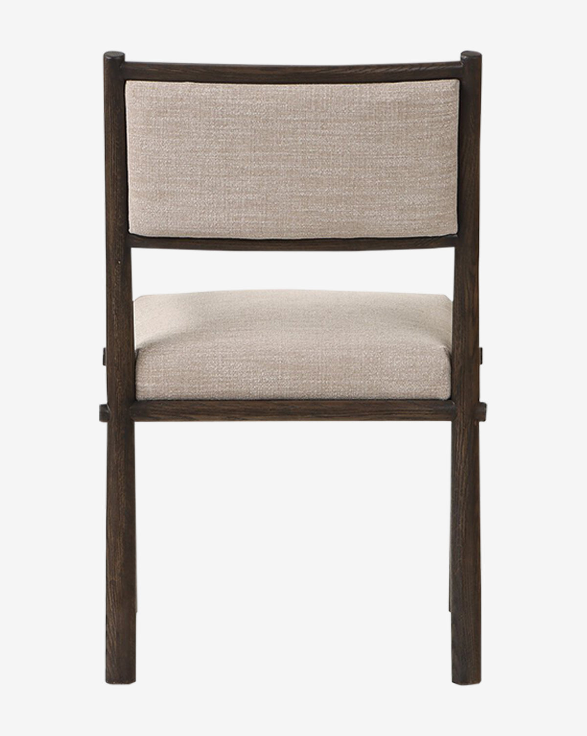 The Ailsa Dining Chair showcases a dark brown oak frame and legs with a light beige upholstered seat and backrest, viewed from behind against a white background—a stylish modern choice for contemporary dining spaces, by McGee & Co.