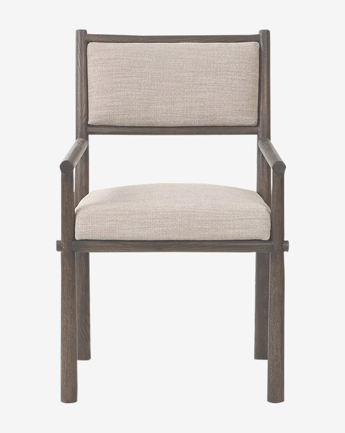 The Four Hands Ailsa Dining Chair is a modern wooden armchair with a dark brown frame and light beige cushioned seat and backrest, shown from the front against a plain white background. McGee & Co.
