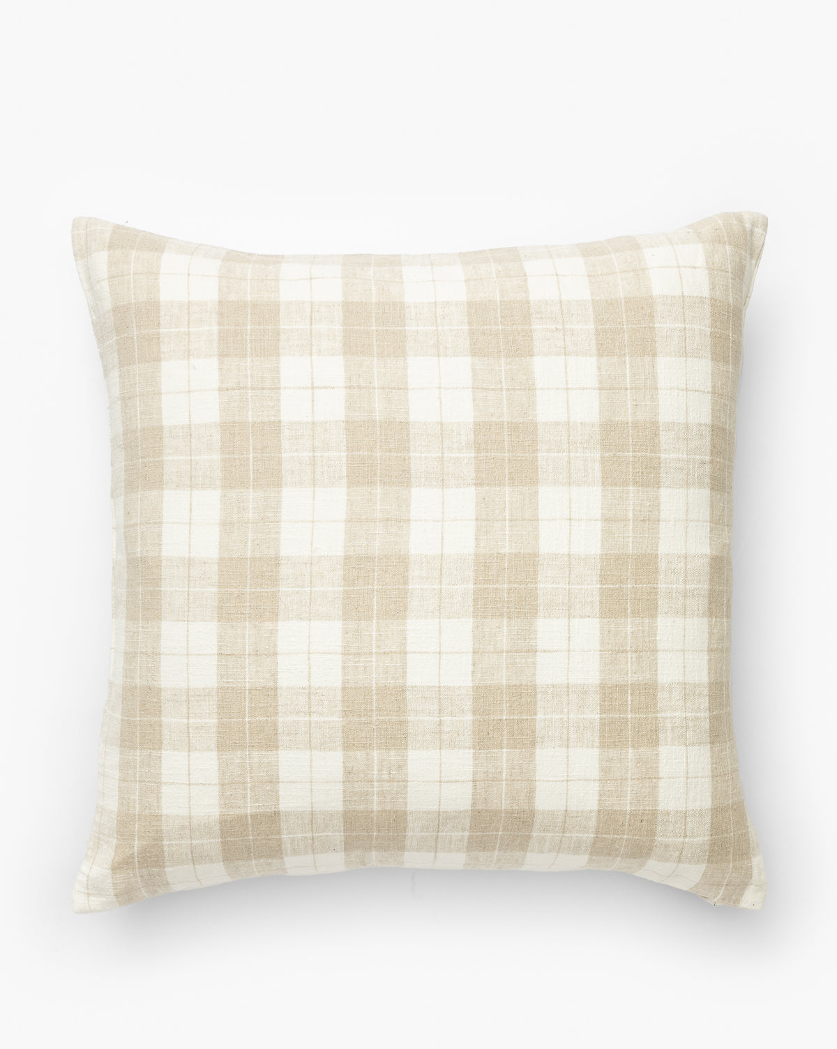 The Aimee Pillow Cover is a square linen cover with a beige and white plaid pattern, featuring intersecting lines for a classic checkered look that suits any space, by McGee & Co.