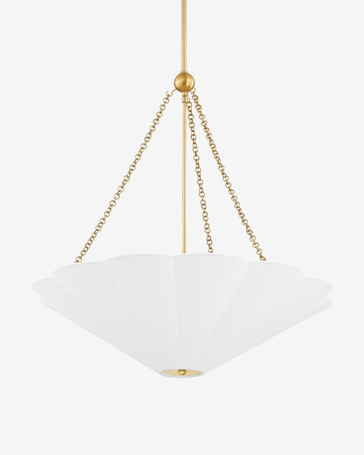 The Alana Pendant by Hudson Valley Lighting features a pleated white linen shade suspended from three antiqued brass chains, attached to a central gold rod and canopy. McGee & Co.