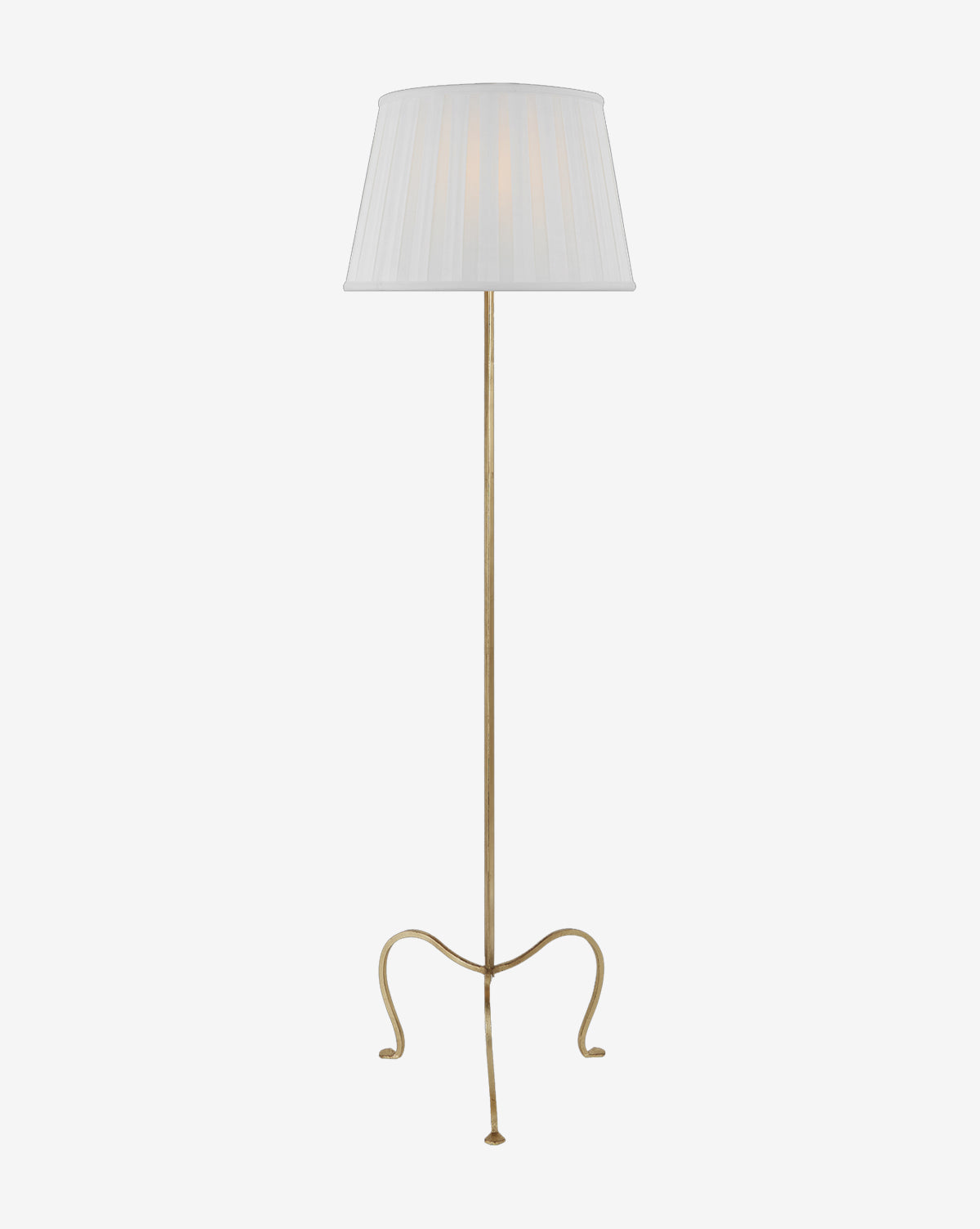 The Albert Petite Tri-Leg Floor Lamp by Visual Comfort & Co. Signature features a slender gilded iron pole, three curved legs, and a white silk pleated shade, shown against a plain white background. McGee & Co.