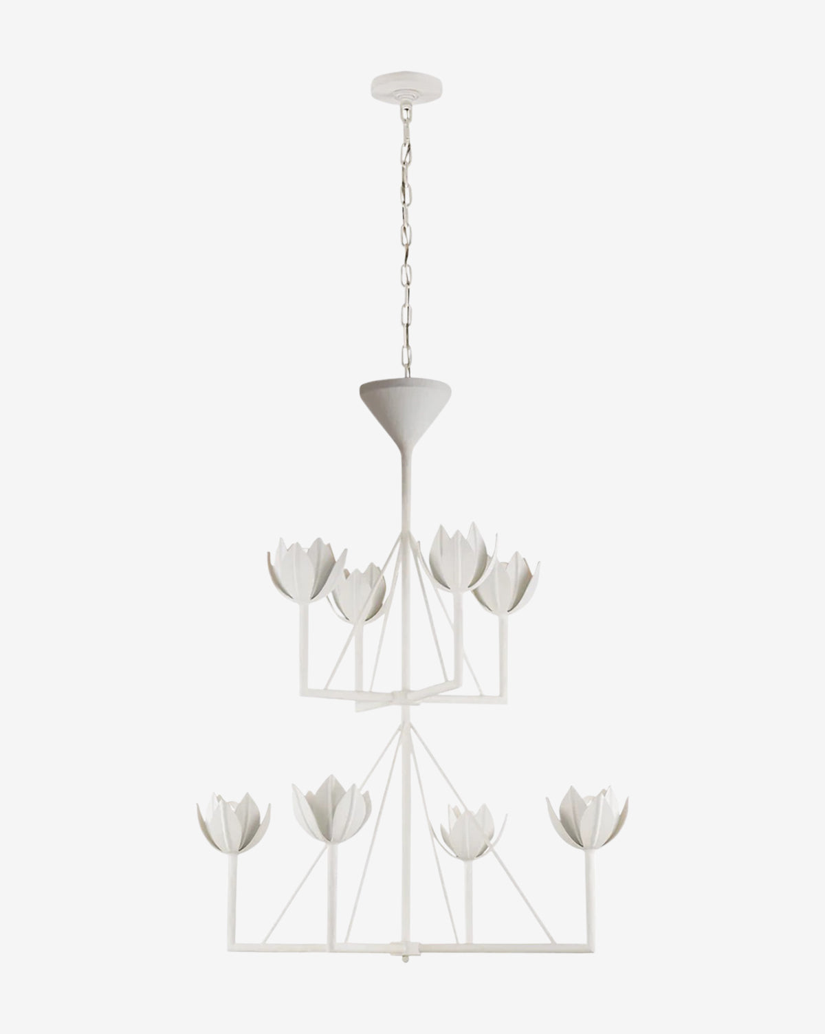 The Alberto Chandelier by Visual Comfort & Co. Signature features a modern white, double-tiered design with four tulip-shaped shades per tier, elegantly suspended by a chain from the ceiling, available at McGee & Co.