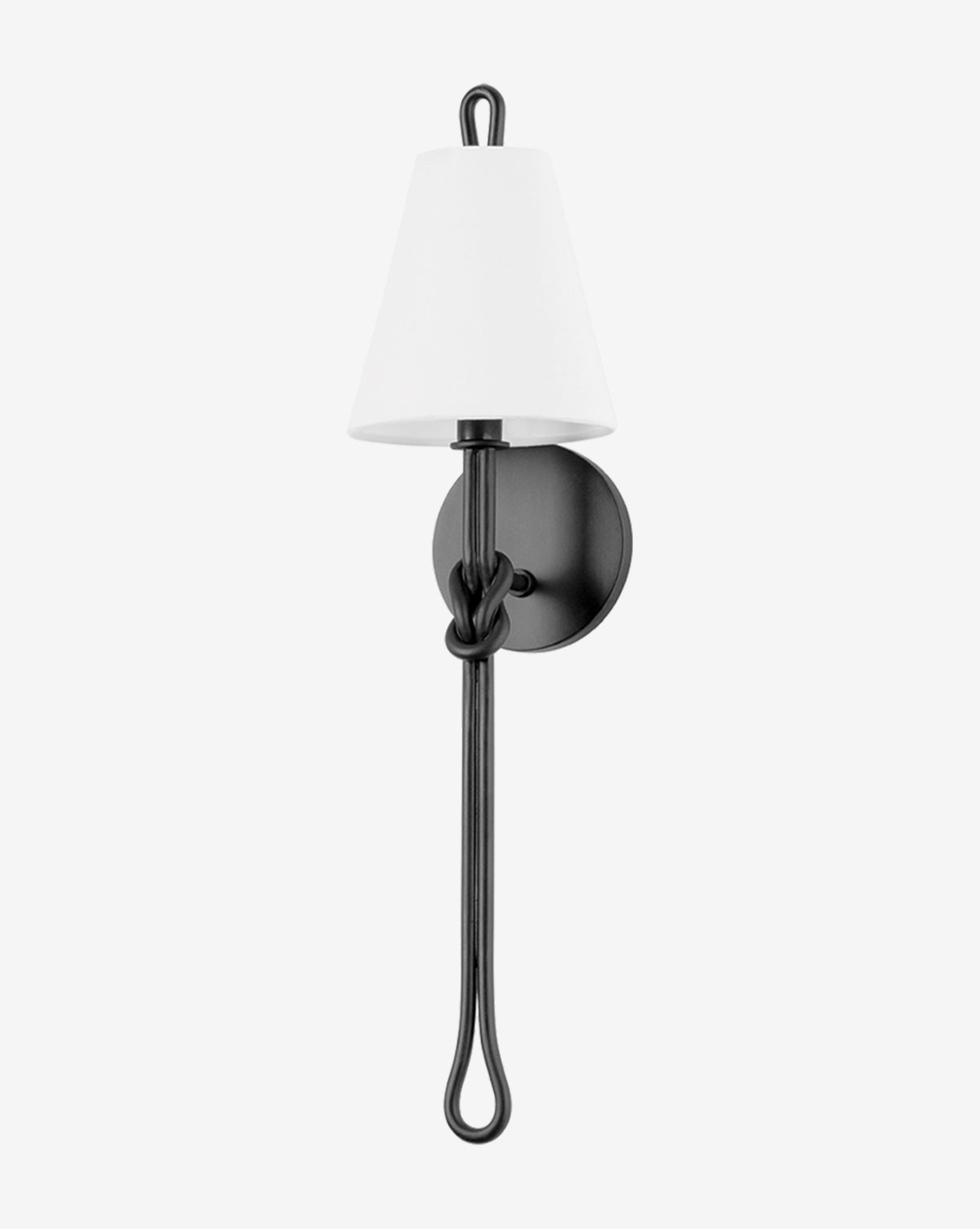 The Alburgh Sconce by Hudson Valley Lighting features a minimalist black metal looped knot base and a white linen shade, bringing modern elegance and sophistication to any space. McGee & Co.