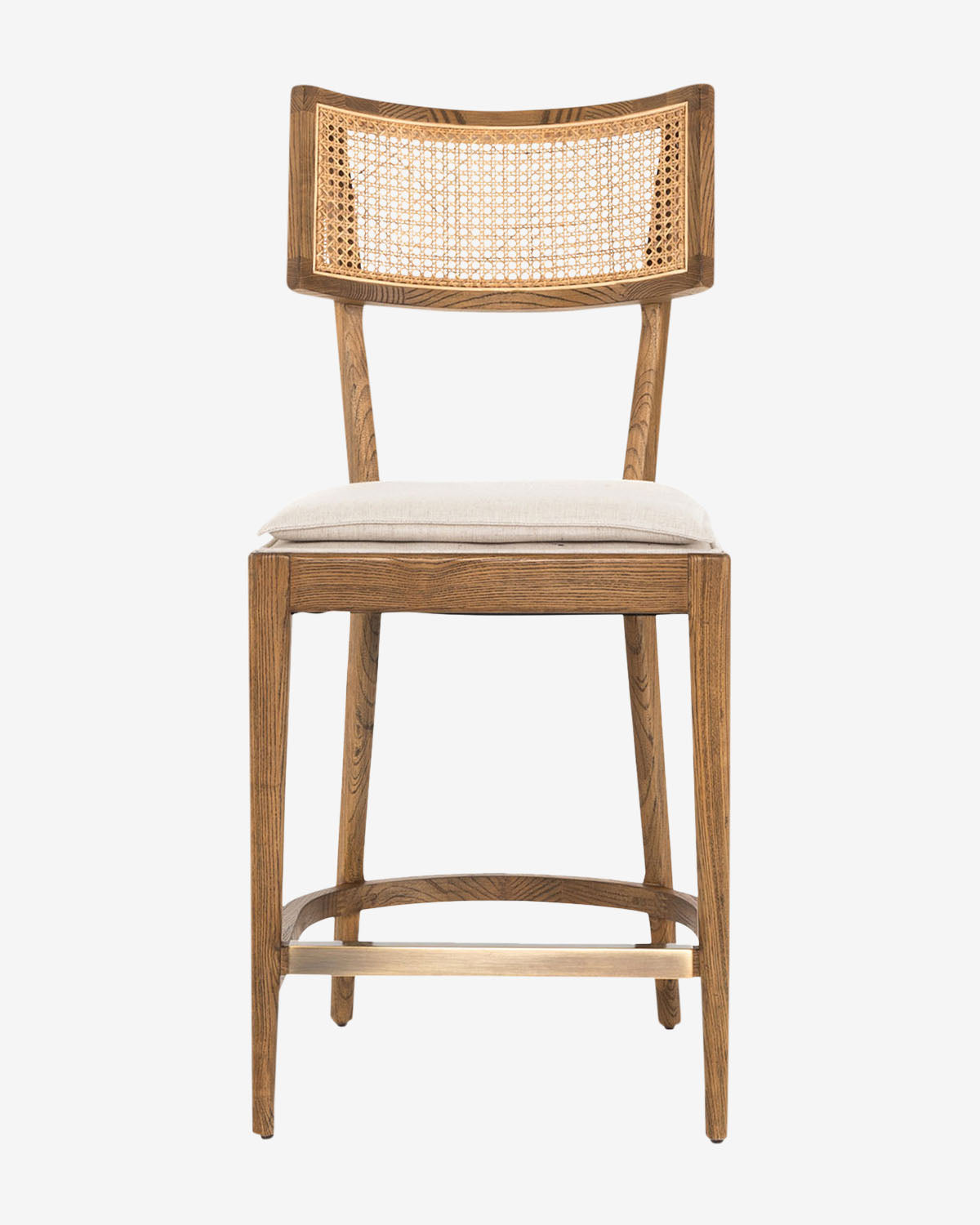 Front view of the Four Hands Alessia Stool, showcasing a caned backrest, light beige cushioned seat, and straight tapered legs in sturdy nettlewood with support bars. McGee & Co.