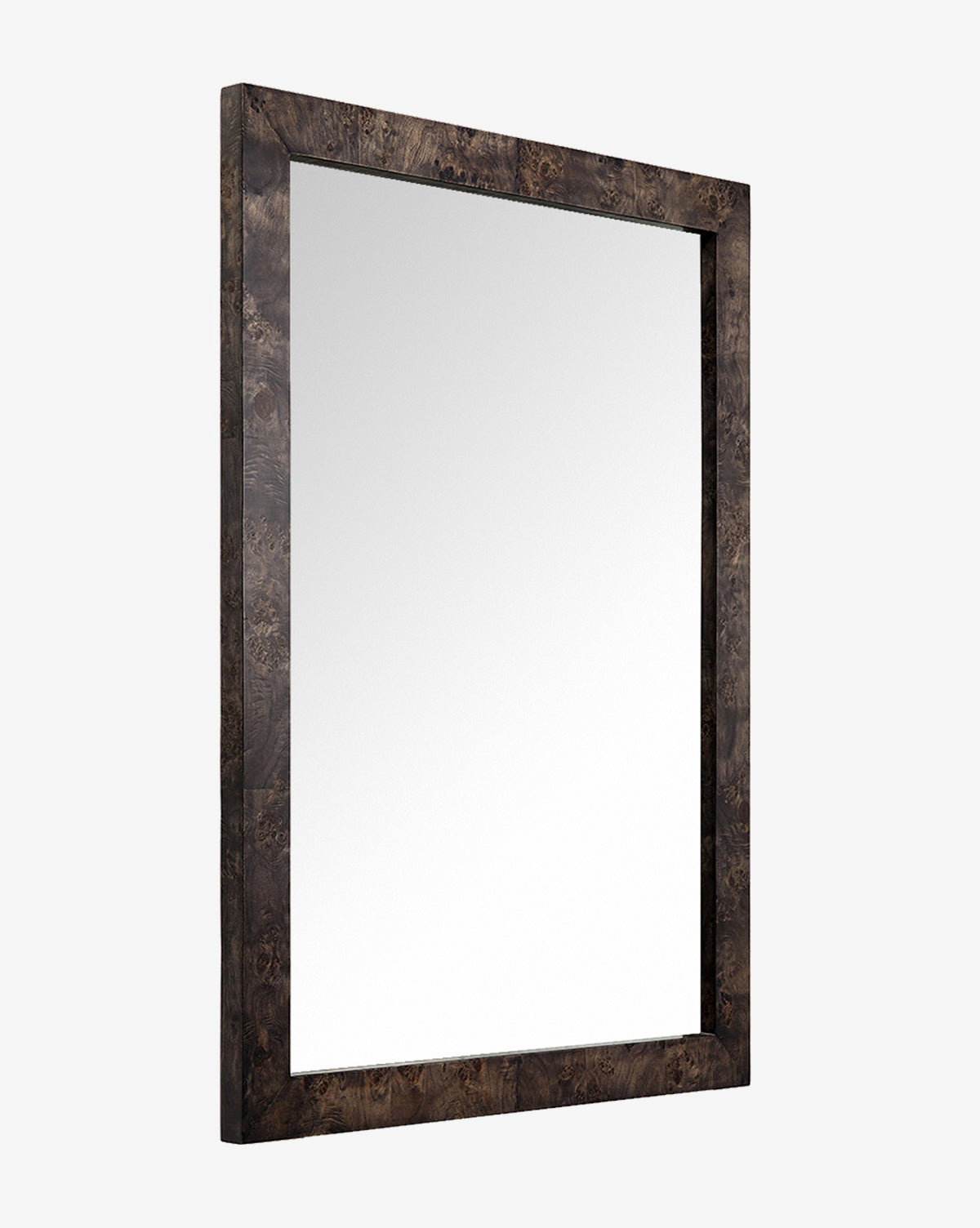 The Alexia Rectangular Mirror features a wide, dark burl wood-grain frame and is shown from an angled view against a plain white background, creating a sophisticated statement piece for any space, by McGee & Co.