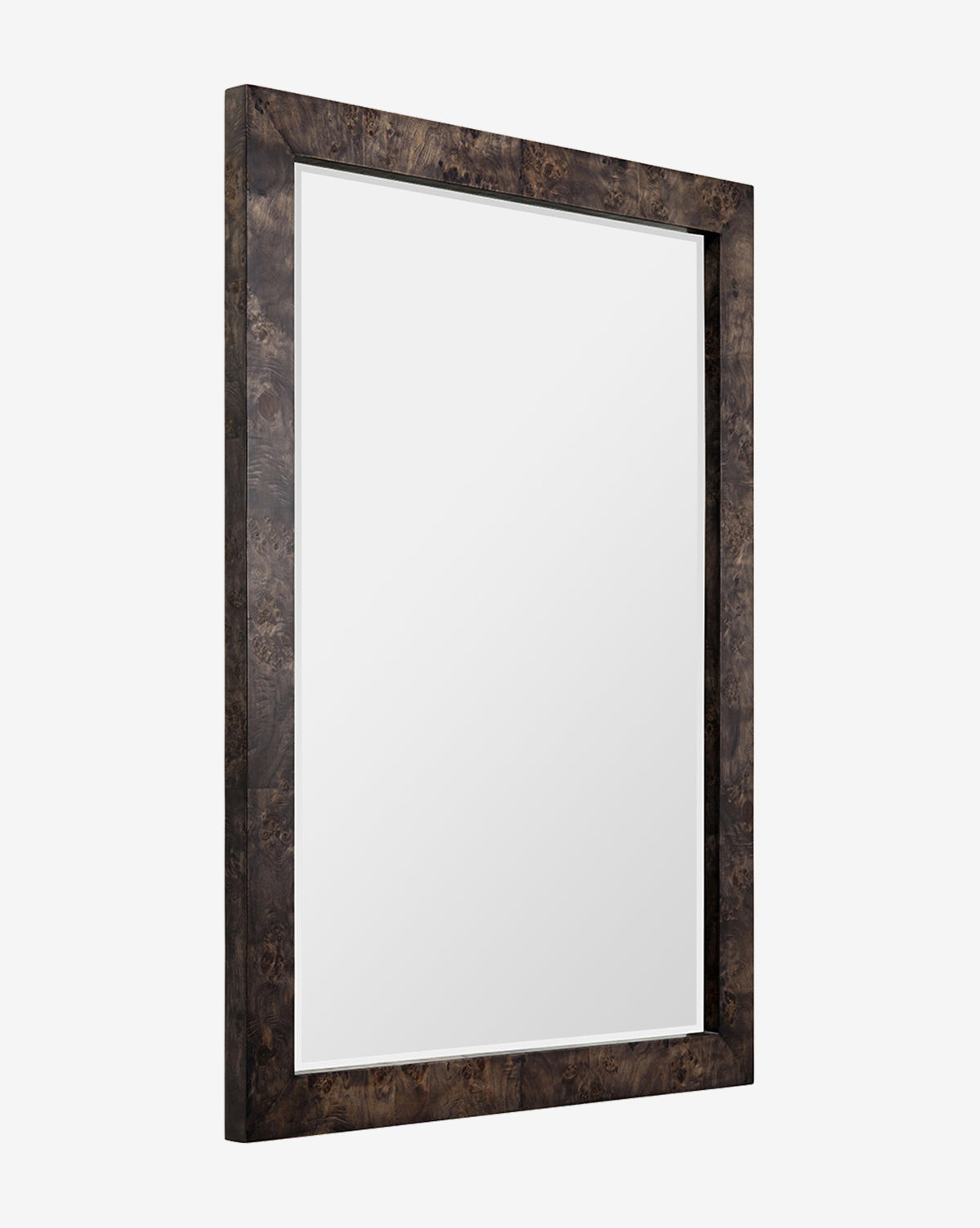 The Alexia Rectangular Mirror features a thick, dark brown burl wood-grain frame and is shown from an angled side view against a plain white background—a true statement piece for any room, by McGee & Co.