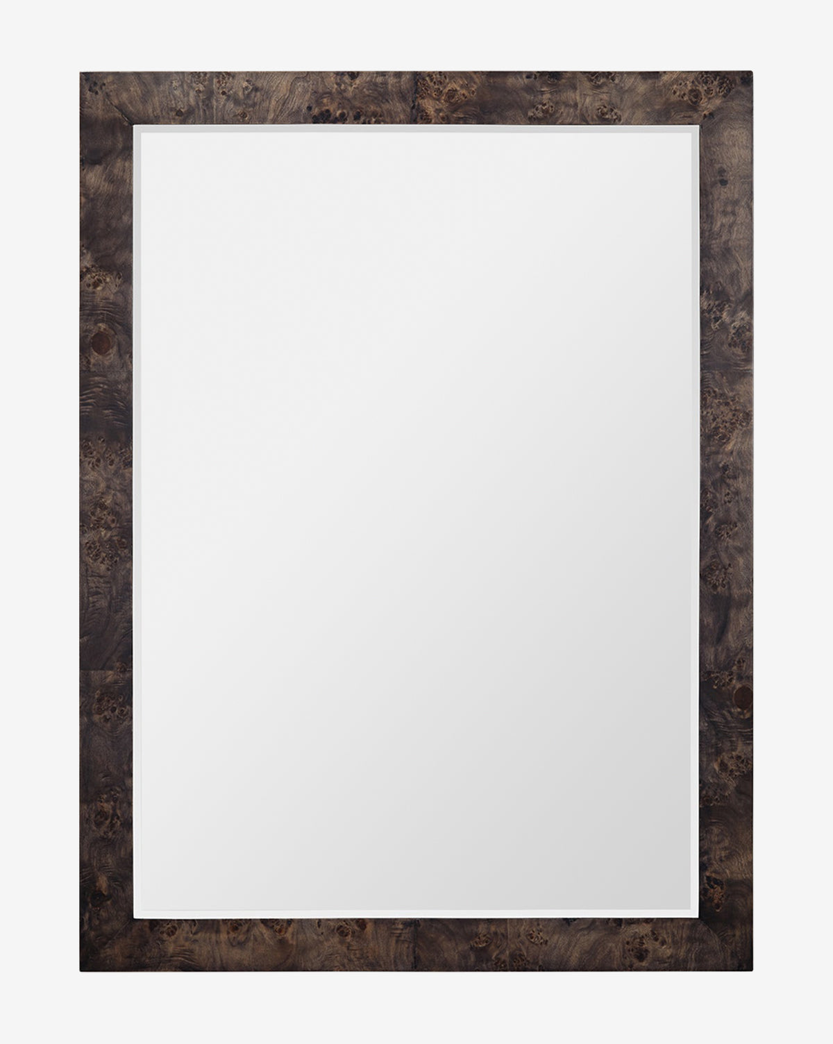 The Alexia Rectangular Mirror features a thick, dark brown burl wood frame and clean, reflective glass. Displayed against a white background, it makes a striking statement piece for any space, by McGee & Co.