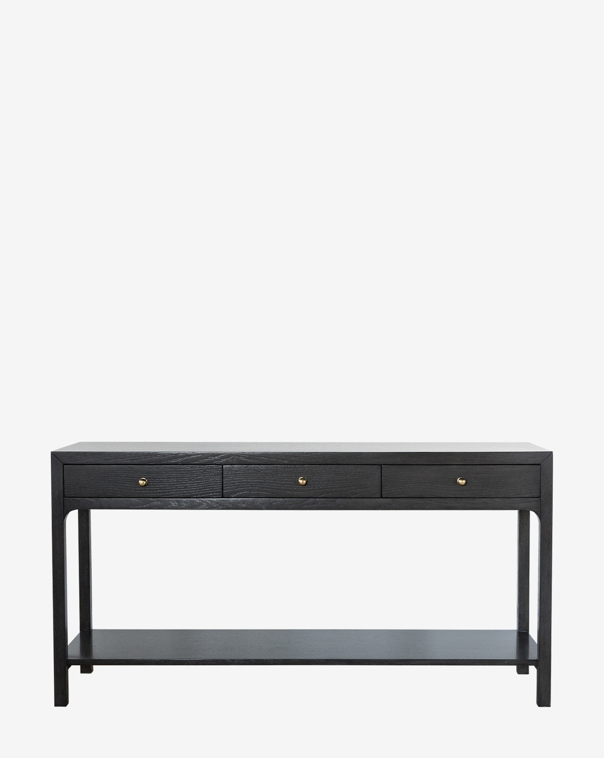 The Allen Black Console by Worlds Away features three small drawers with brass pulls and a lower shelf, making it a perfect modern entryway table against a plain white background. McGee & Co.