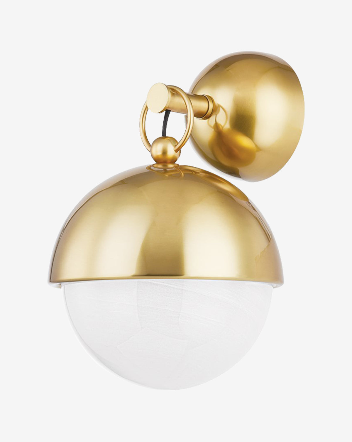 The Althea Sconce by Troy Lighting features a modern design with a round gold metallic base, half-dome shade, and a white frosted alabaster glass globe light beneath. McGee & Co.