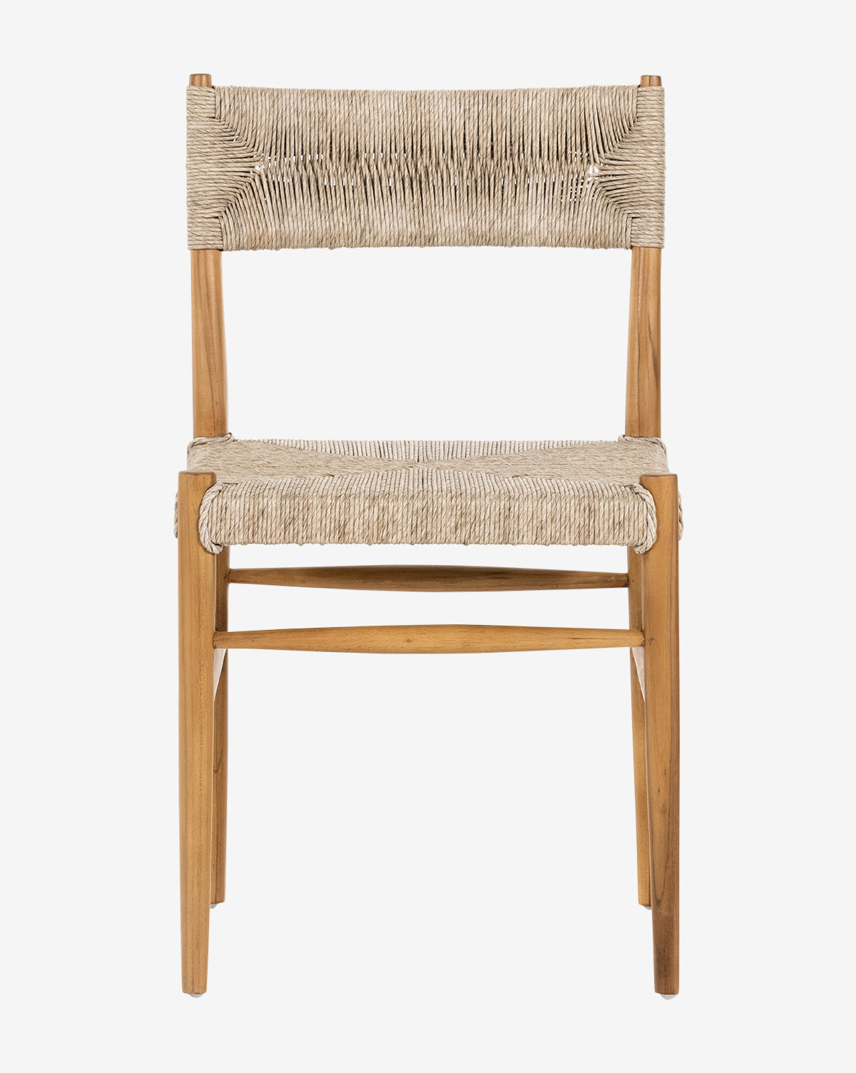 The Ambler Indoor/Outdoor Dining Chair by Four Hands features a teak frame with natural beige woven wicker seat and backrest. Shown front-facing against a white background, its light wood and inviting tones create a warm, welcoming look. McGee & Co.