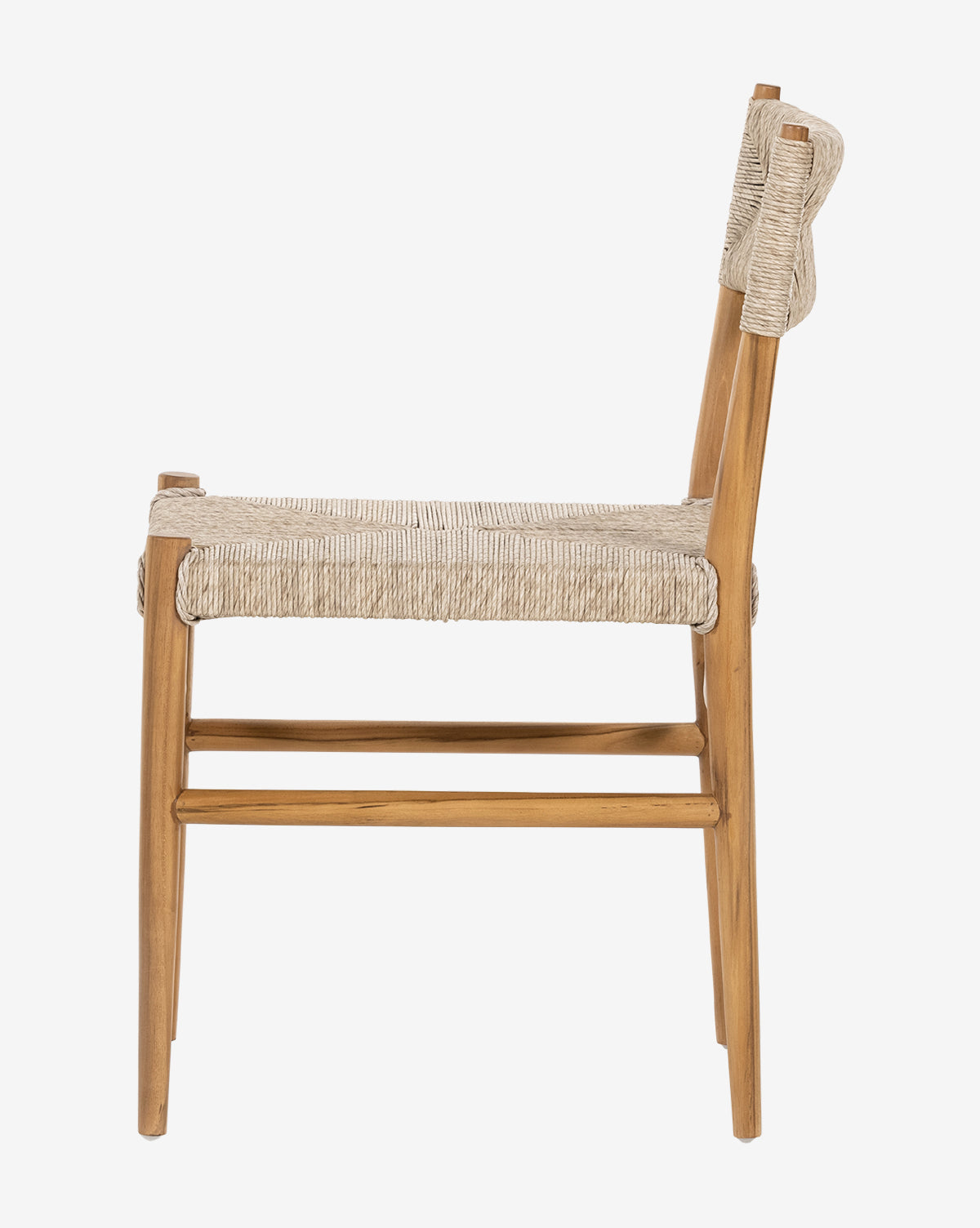 Side view of the Ambler Indoor/Outdoor Dining Chair, featuring minimalist, modern design with teak frame, wicker seat, and light wood finish—perfect for contemporary dining spaces indoors or outdoors, by McGee & Co.