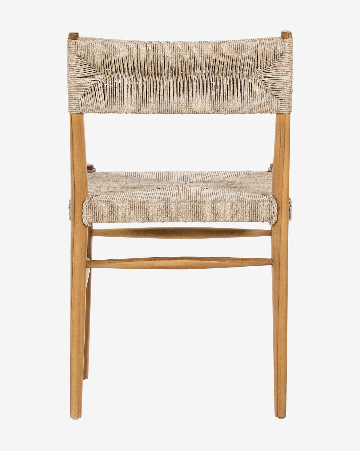 The Ambler Indoor/Outdoor Dining Chair features a woven backrest and seat, light wood legs and frame, and natural fiber weave—ideal for indoor or outdoor dining spaces, by McGee & Co. Shown from the back.