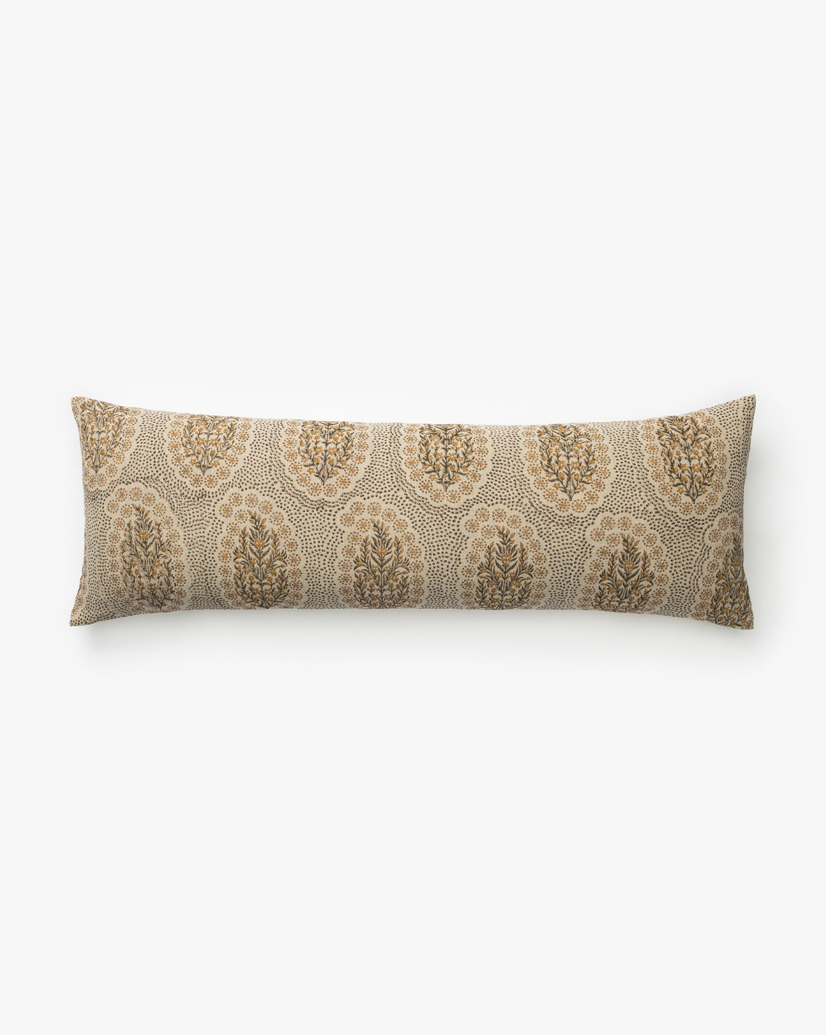 The Amedea Pillow is a long rectangular lumbar pillow featuring a beige background with intricate circular floral patterns in brown and gold, by McGee & Co.